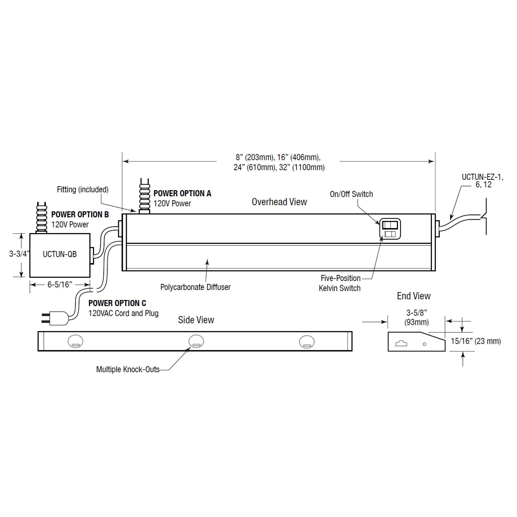 TunableTask 24" Adjustable Kelvin LED Under Cabinet Light, 1125 Lm, 2700K to 5000K, 120V, White - Bees Lighting