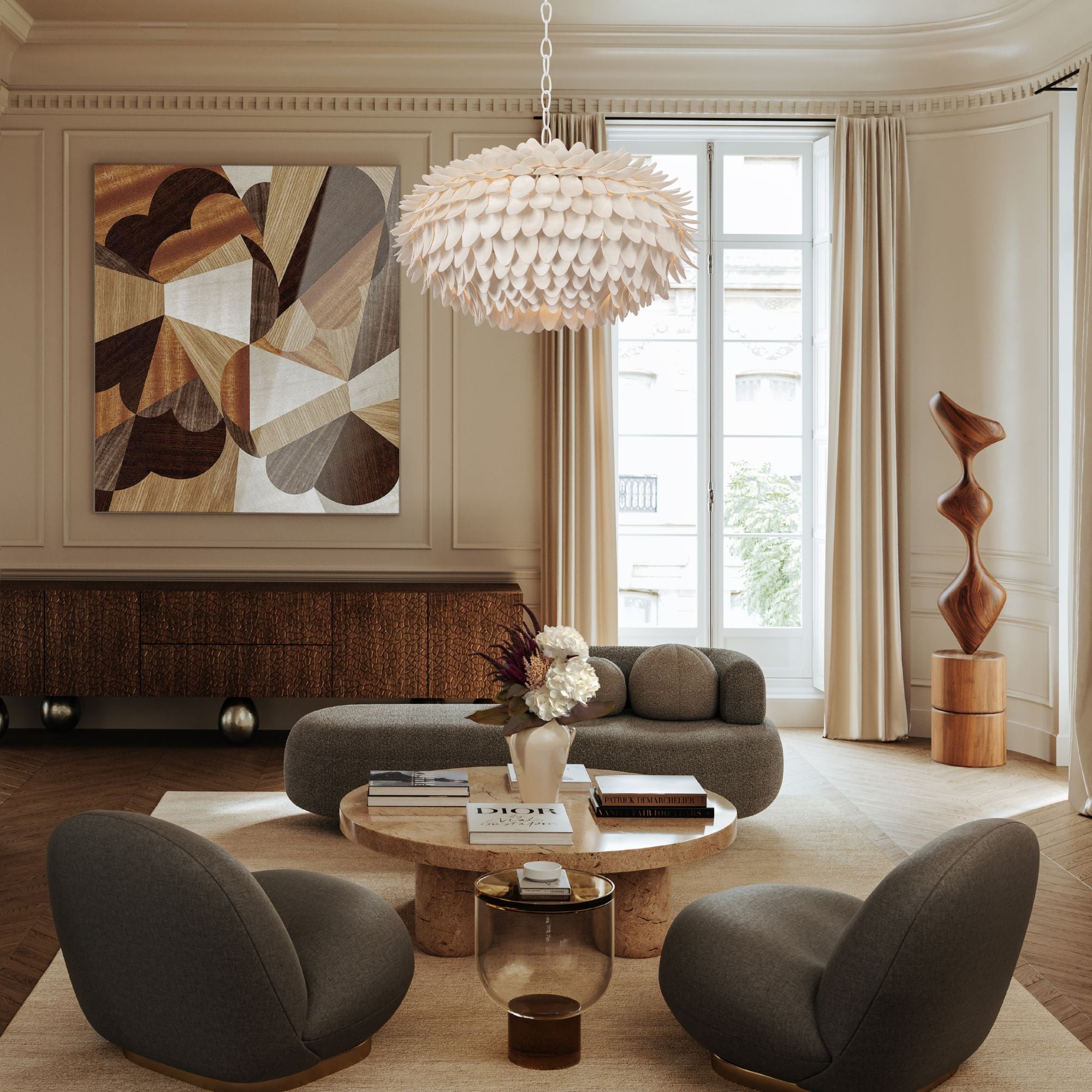 Hudson Valley Alsen 25.75 in. 3-Light Pendant, White Plaster with Coco Shell Shade