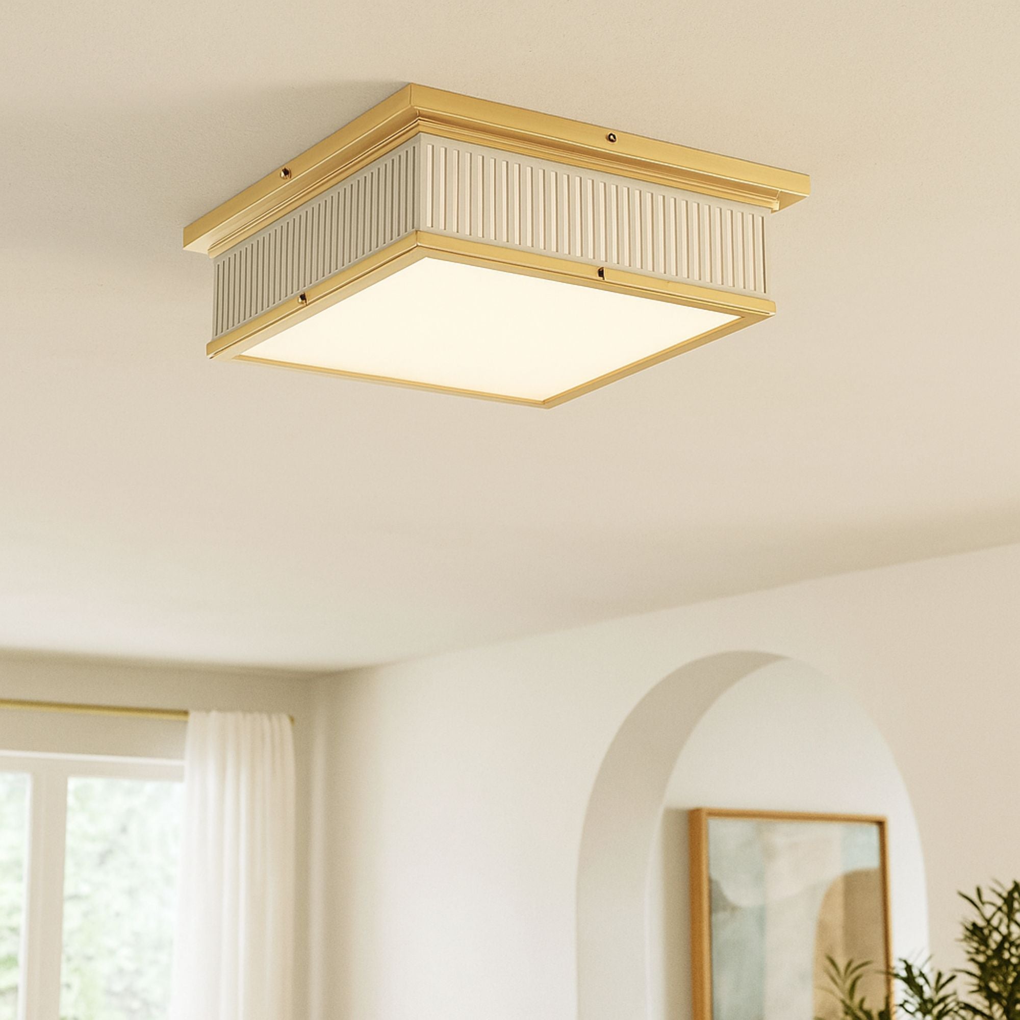Ashdown 14" Square LED Flush Mount, Aged Brass/Off-White Finish