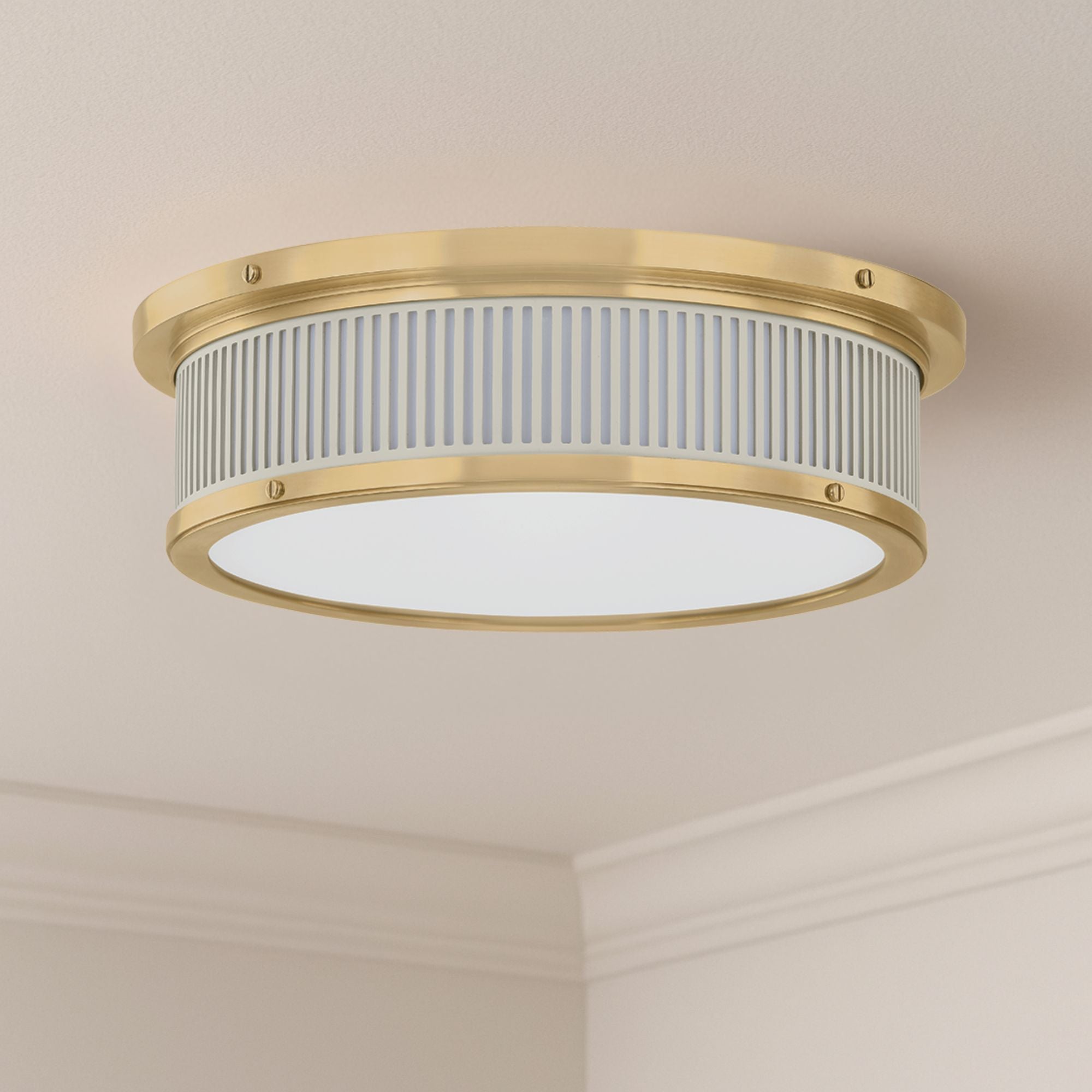 Ashdown 14" LED Flush Mount, Aged Brass/Off-White Finish