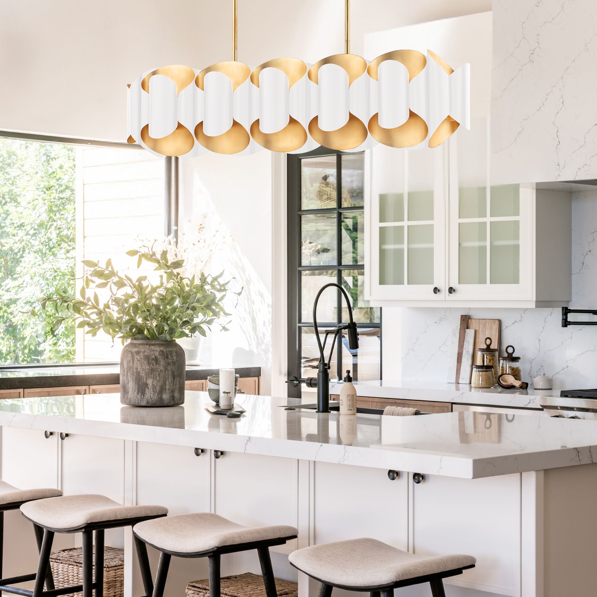 Banks 46" 12-Light Island Pendant, Gold Leaf/White Finish