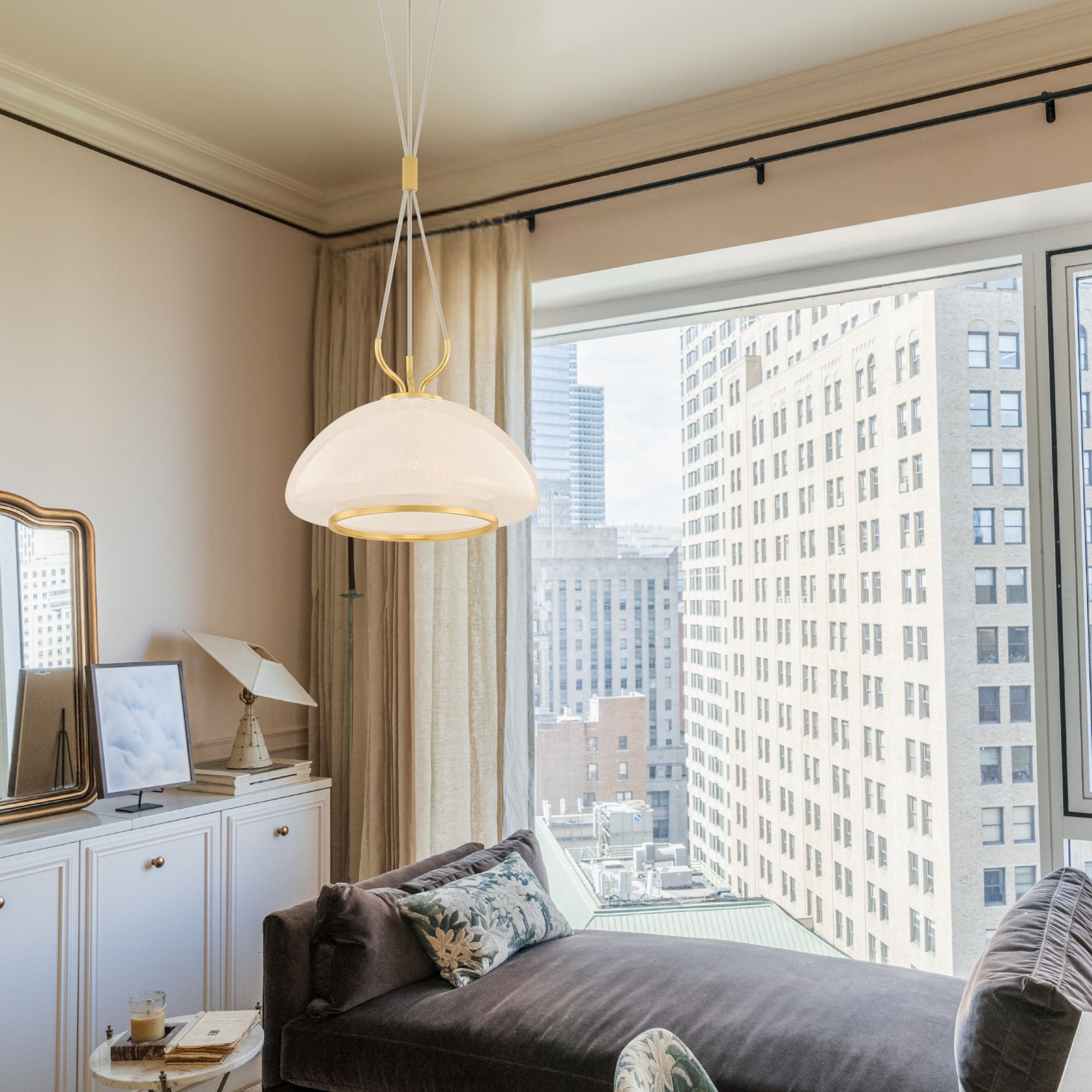 Hudson Valley Baudette Pendant Light, Aged Brass with Seeded Cloud Glass