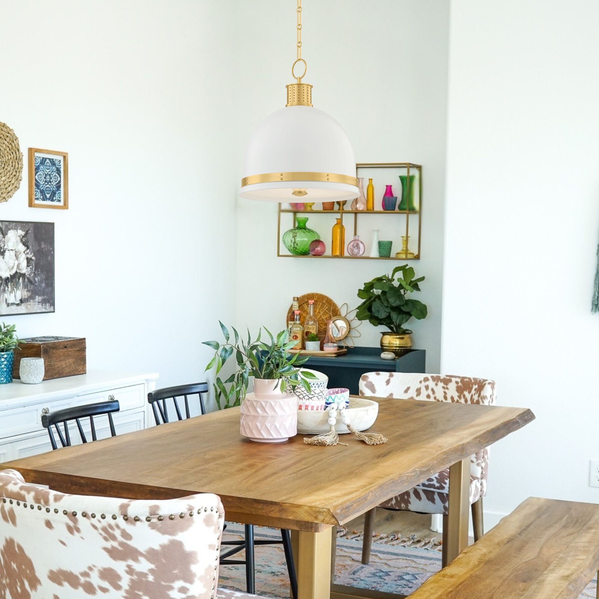 Hudson Valley Briscoe Pendant Light, Aged Brass & Soft White with White Glass Dome