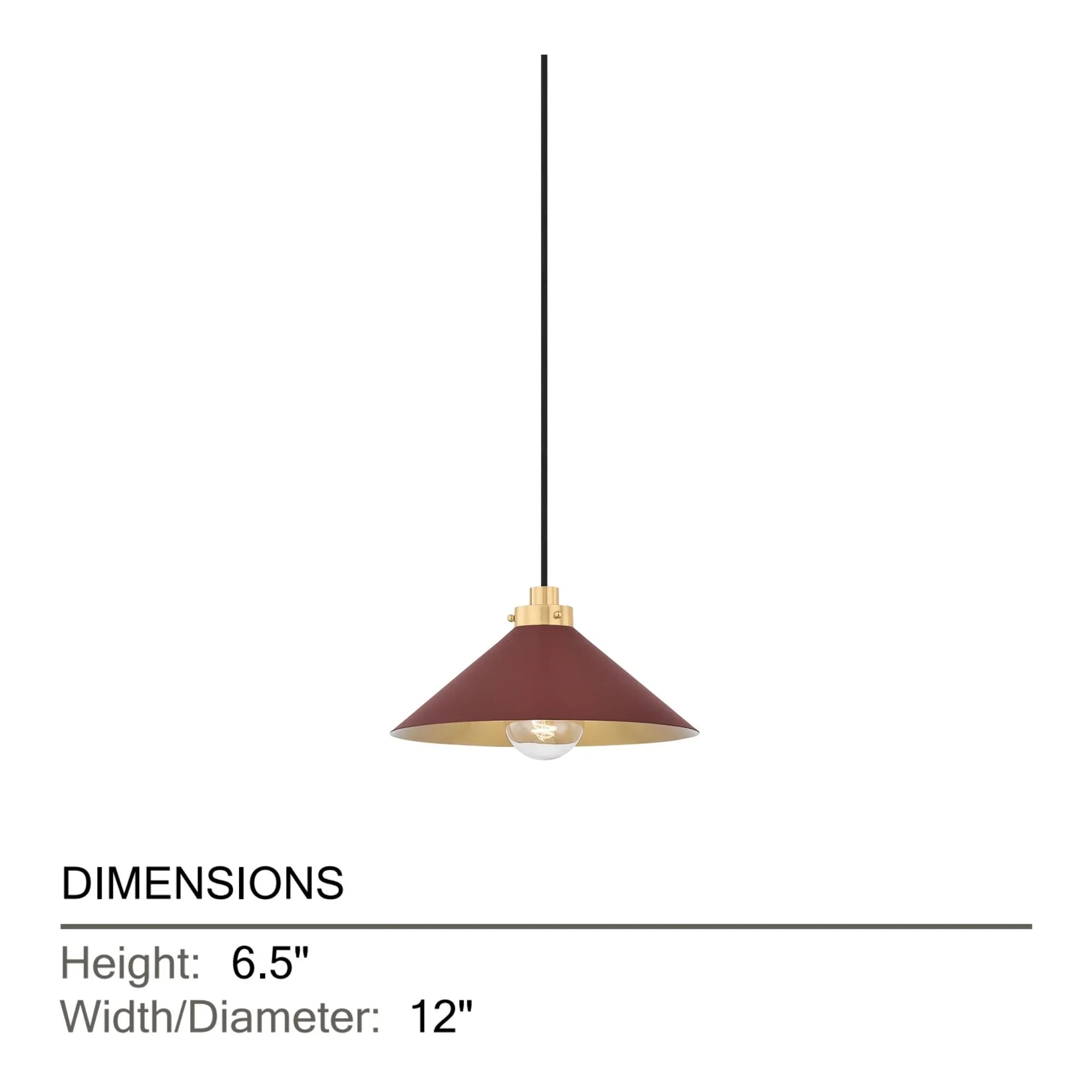 Clivedon 12" Pendant, Aged Brass/Soft Crimson Finish