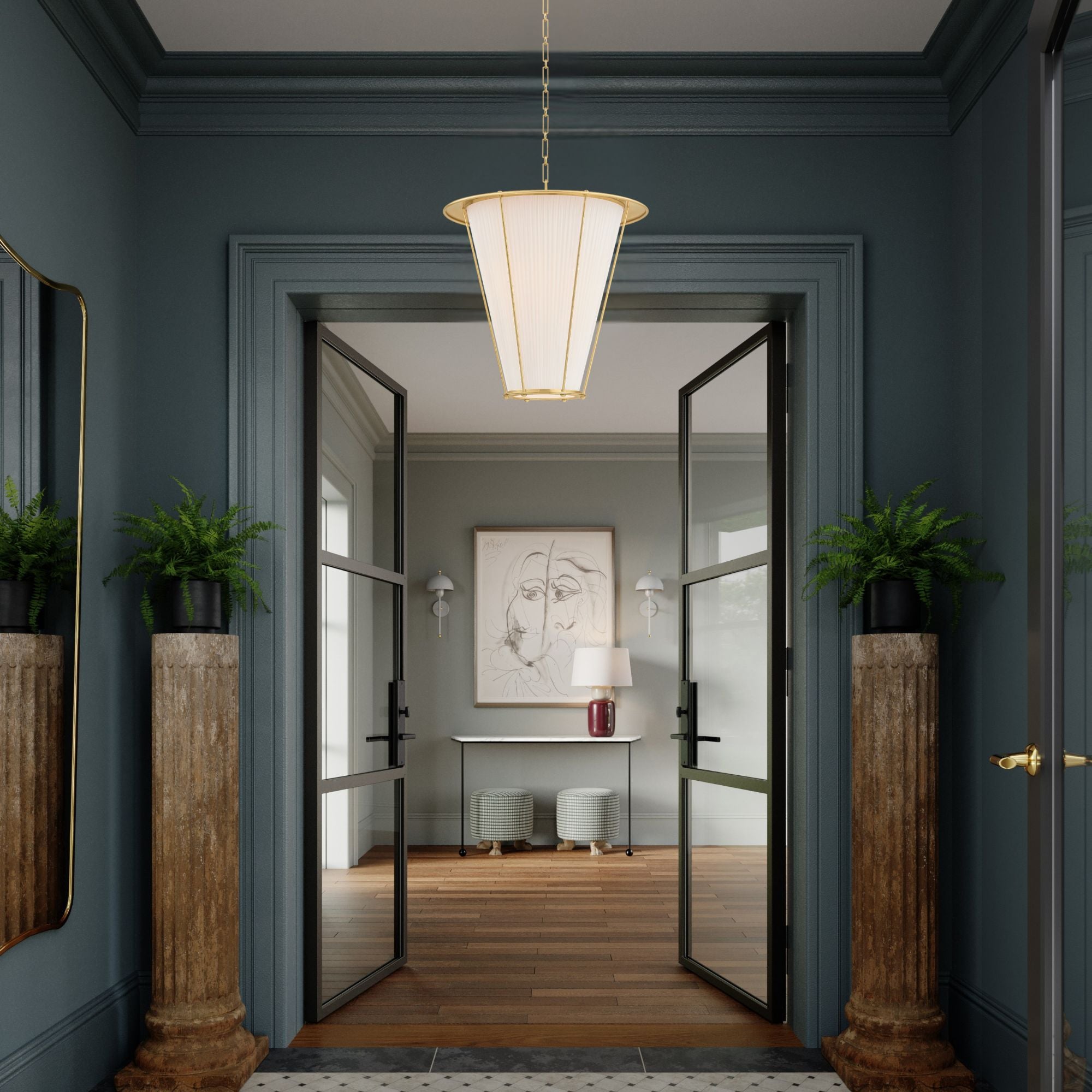 Hudson Valley Ellsworth 23.75 in. Pendant Light, Aged Brass with Ivory Silk Shade
