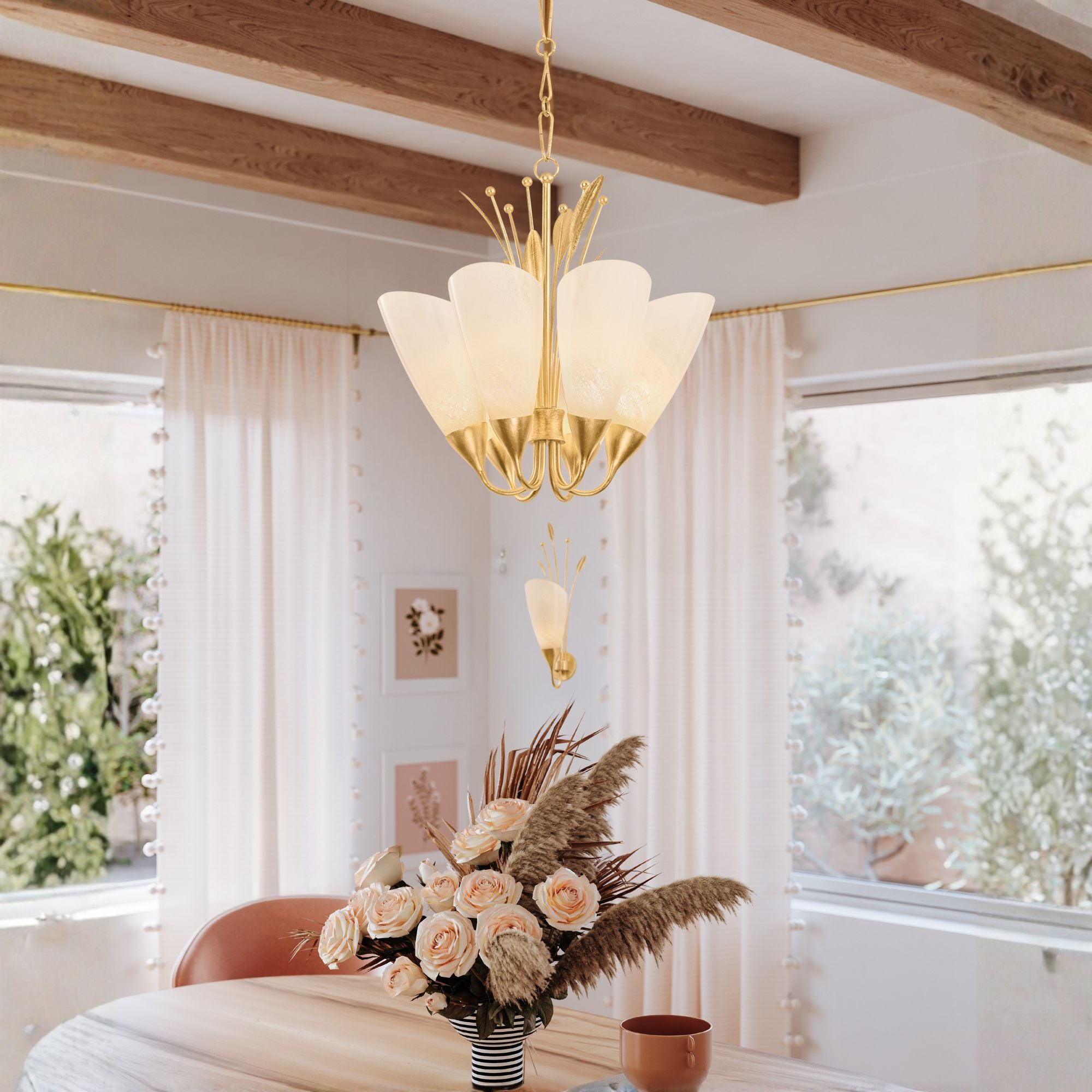 Hudson Valley Forest Glen 26 in. 6-Light Chandelier, Vintage Gold Leaf with Seeded Cloud Glass
