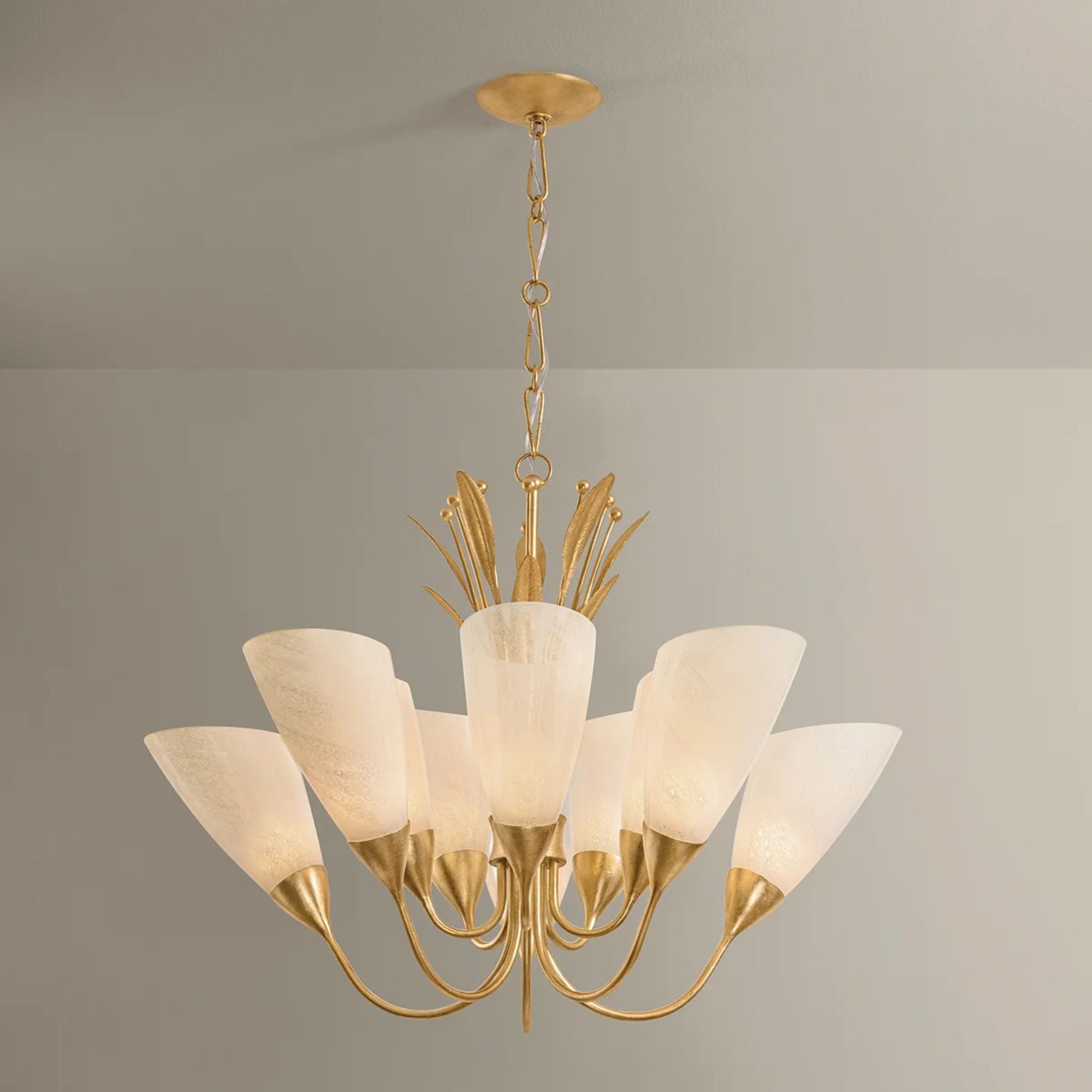 Hudson Valley Forest Glen Chandelier, Vintage Gold Leaf with Seeded Cloud Glass