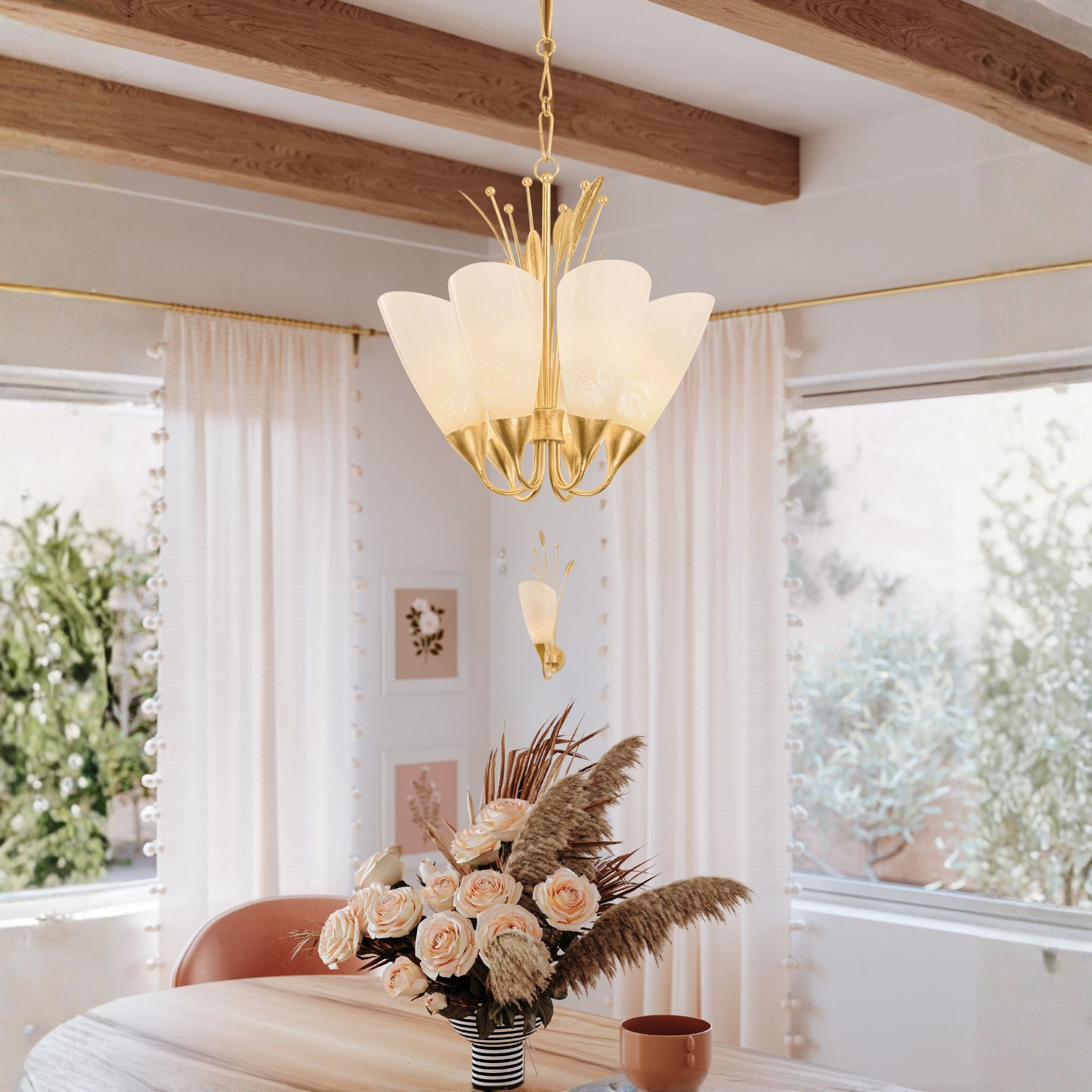 Hudson Valley Forest Glen 27.75 in. Wall Sconce, Vintage Gold Leaf with Seeded Cloud Glass