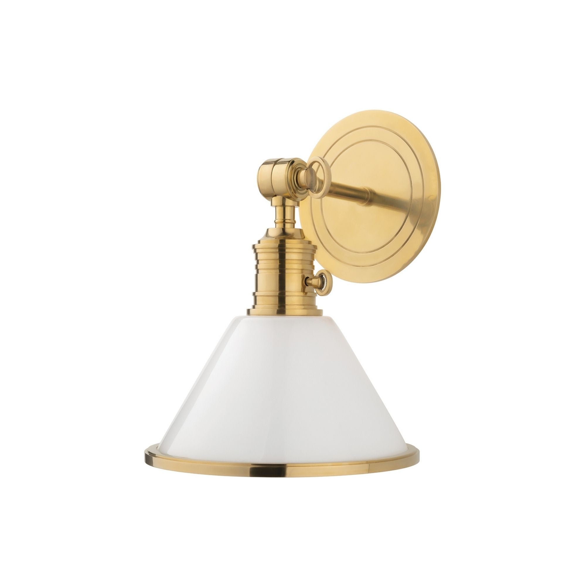 Garden City 11" Swing Arm Sconce with Opal Glossy Shade, Aged Brass Finish