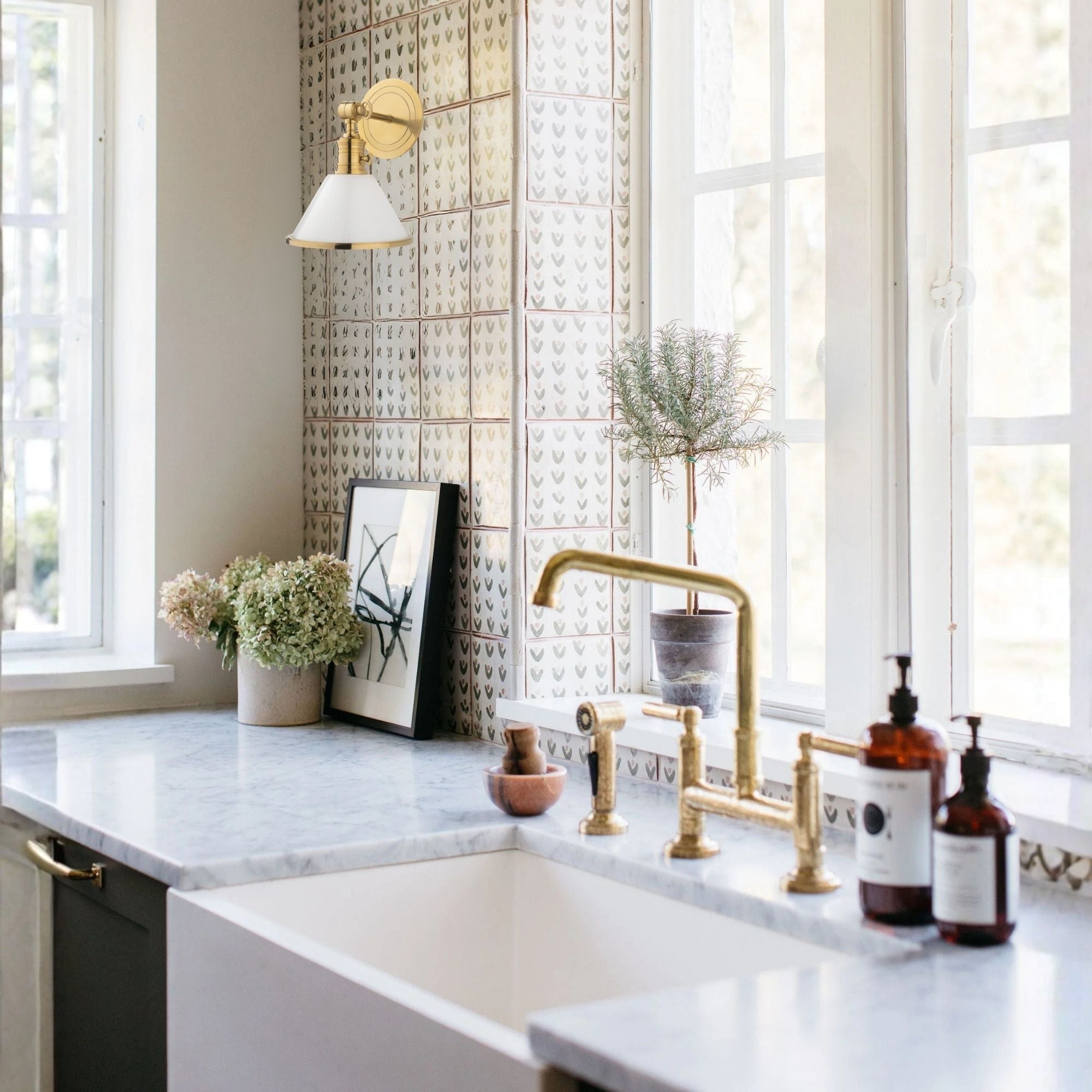 Garden City 11" Swing Arm Sconce with Opal Glossy Shade, Aged Brass Finish