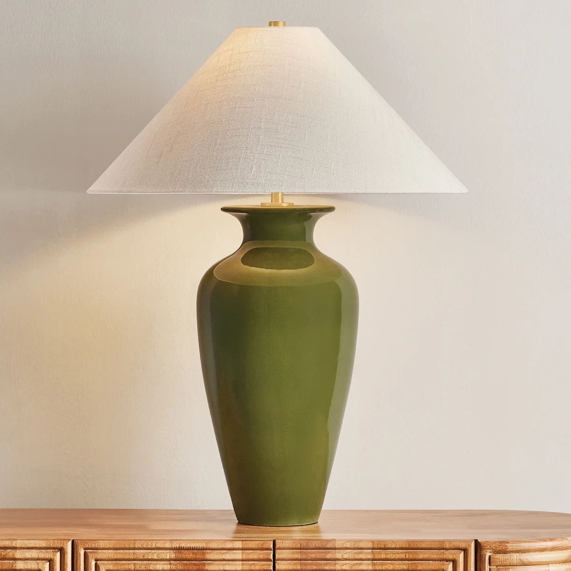 Hudson Valley Grassy Point 29 in. Table Lamp, Aged Brass & Ceramic Nori Green with Textured Linen Shade