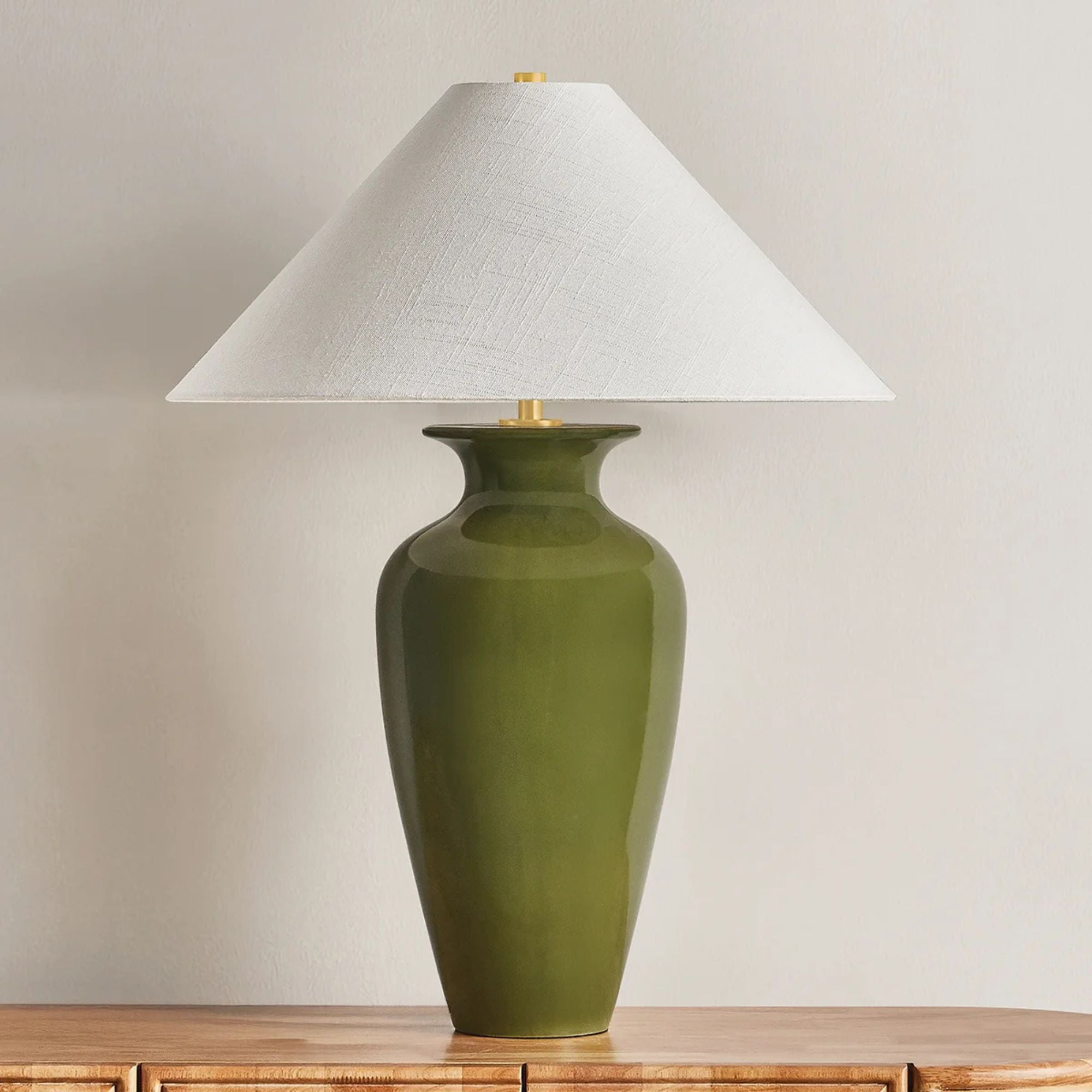 Hudson Valley Grassy Point 29 in. Table Lamp, Aged Brass & Ceramic Nori Green with Textured Linen Shade
