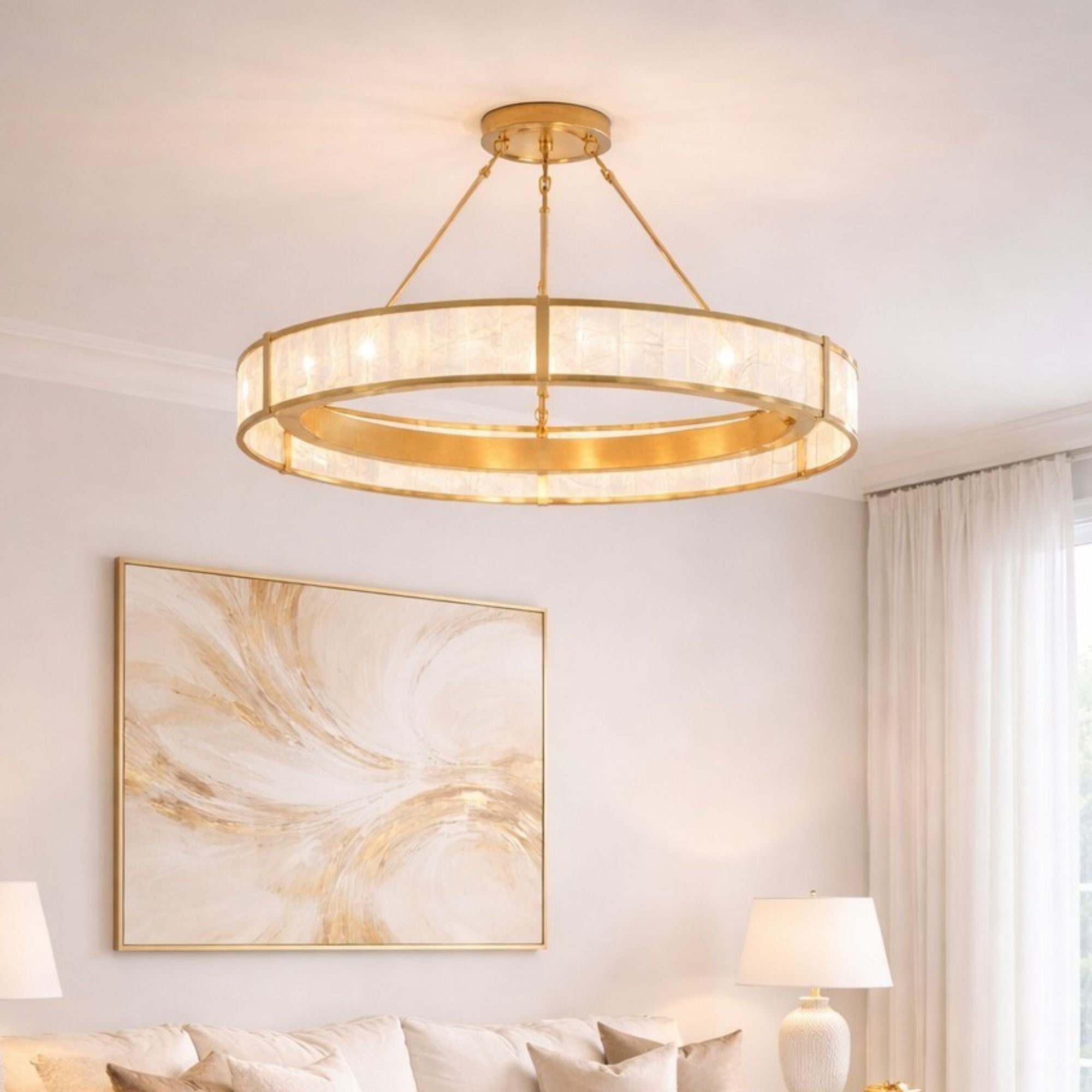 Hudson Valley Halcott 30 in. Integrated LED Chandelier, Vintage Gold Leaf with Capiz Panels