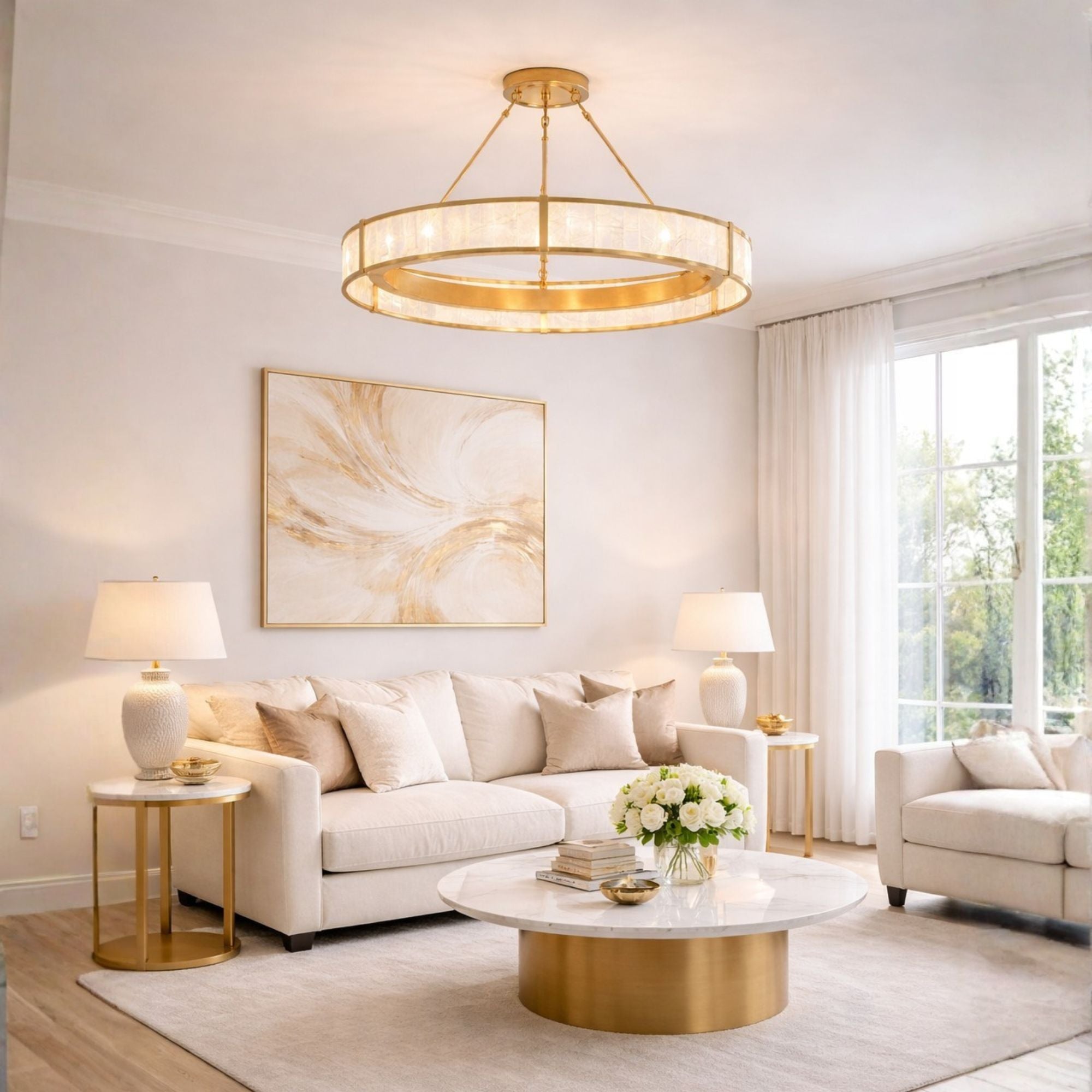 Hudson Valley Halcott 30 in. Integrated LED Chandelier, Vintage Gold Leaf with Capiz Panels