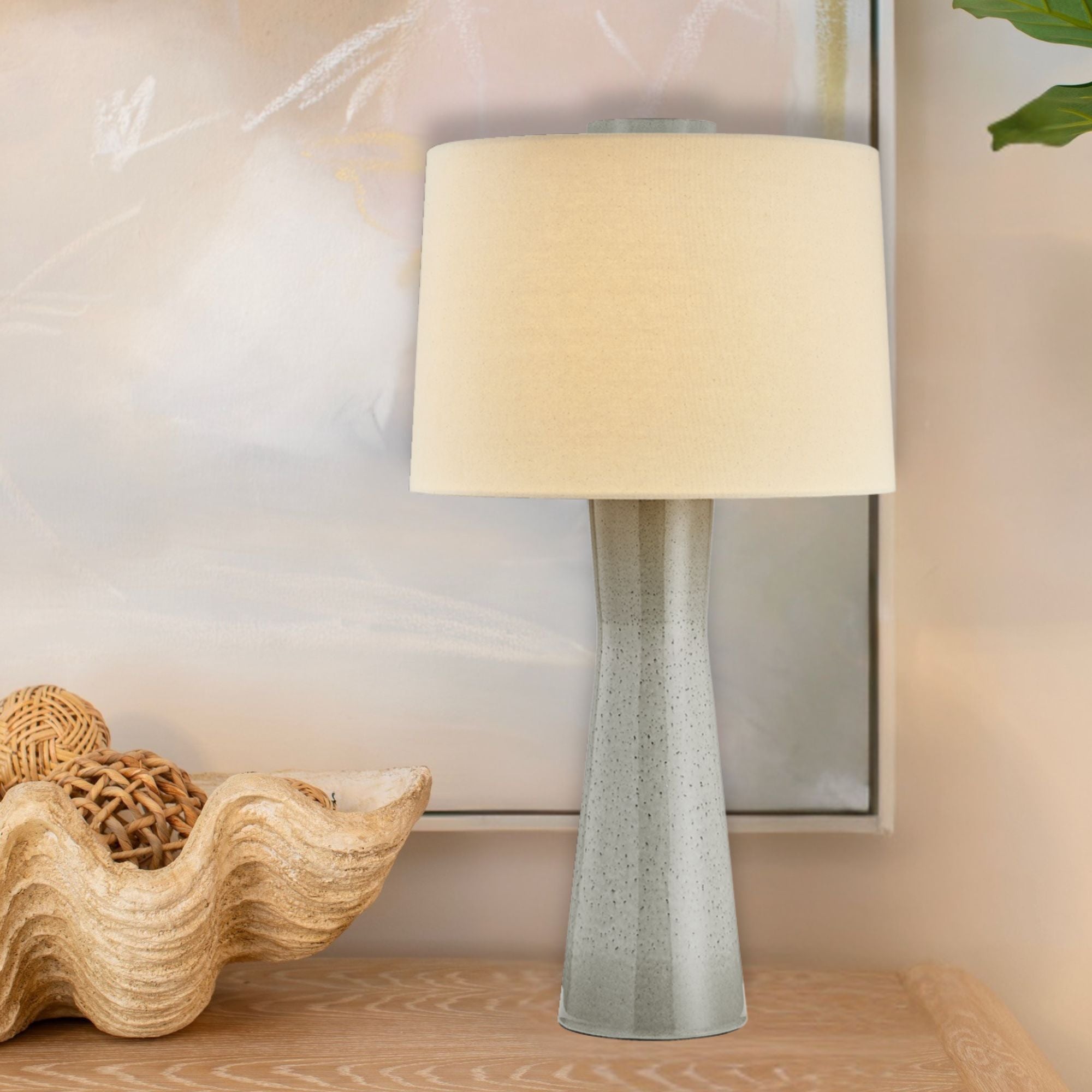 Hudson Valley Havelock 32.5 in. Table Lamp, Aged Brass & Ceramic Roan Grey with Wheat Linen Shade