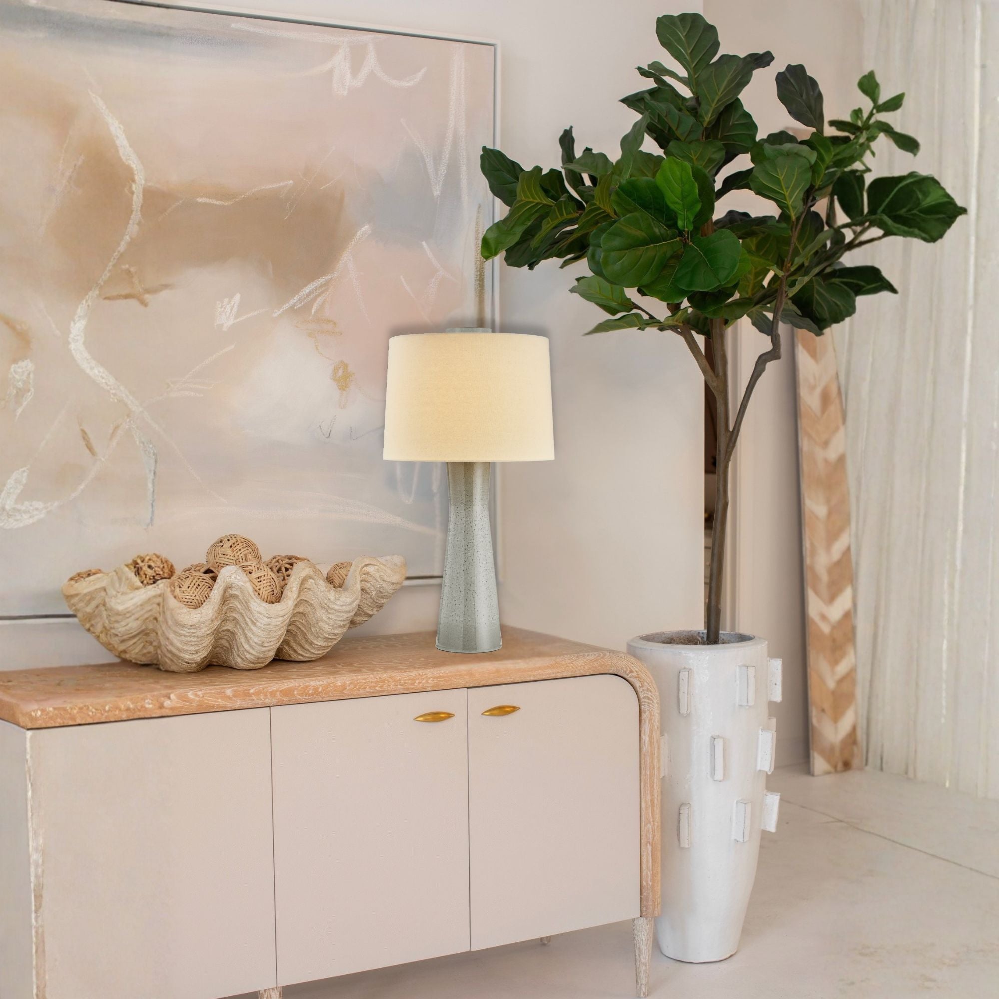 Hudson Valley Havelock 32.5 in. Table Lamp, Aged Brass & Ceramic Roan Grey with Wheat Linen Shade