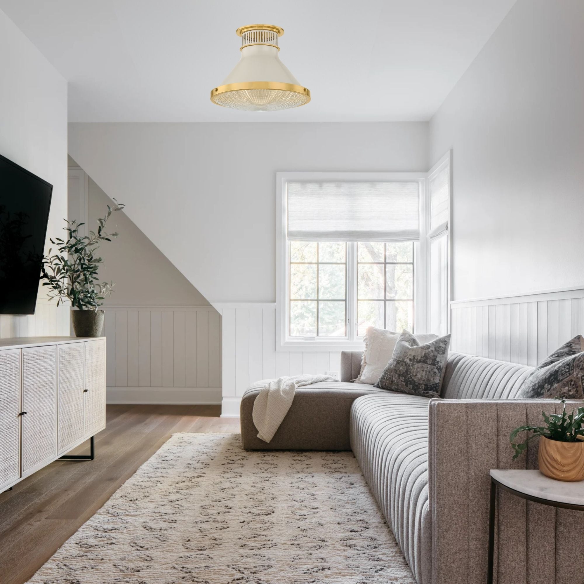Highclere 13" Flush Mount, Aged Brass/Off-White Finish