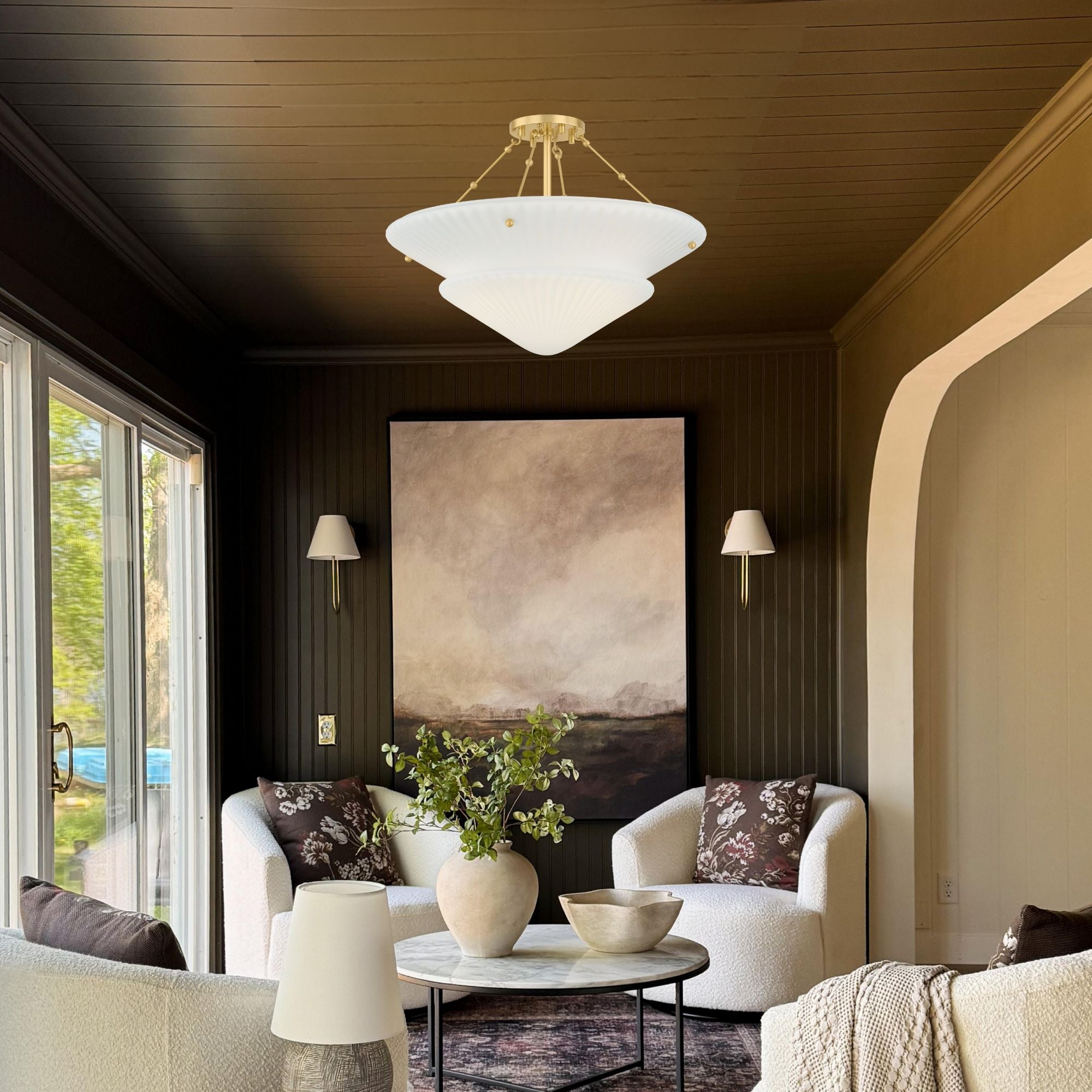 Loburn 20" 3-Light Semi Flush Mount, Aged Brass Finish