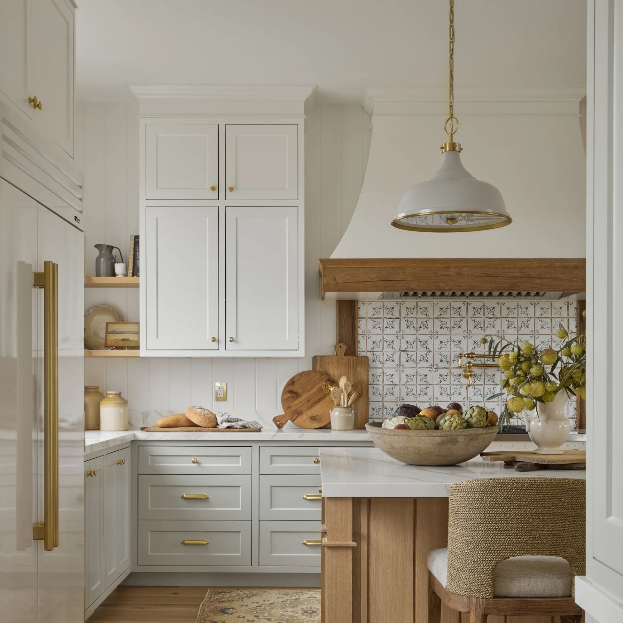 Painted No.1 18" 3-Light Pendant, Aged Brass/Off White Finish