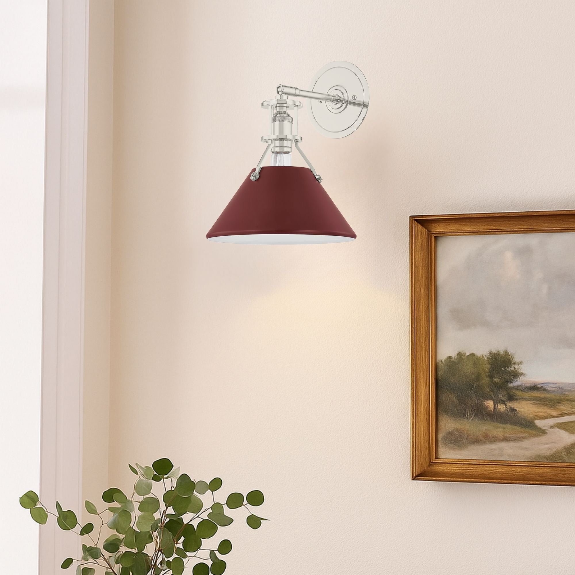 Painted No. 2 12" Wall Sconce, Polished Nickel/Soft Crimson Finish