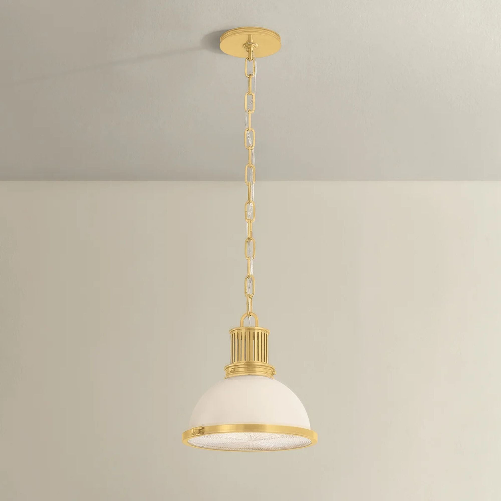 Hudson Valley Pinesbridge 10.5 in. Pendant Light, Aged Brass with Opal Glossy & Holophane Glass