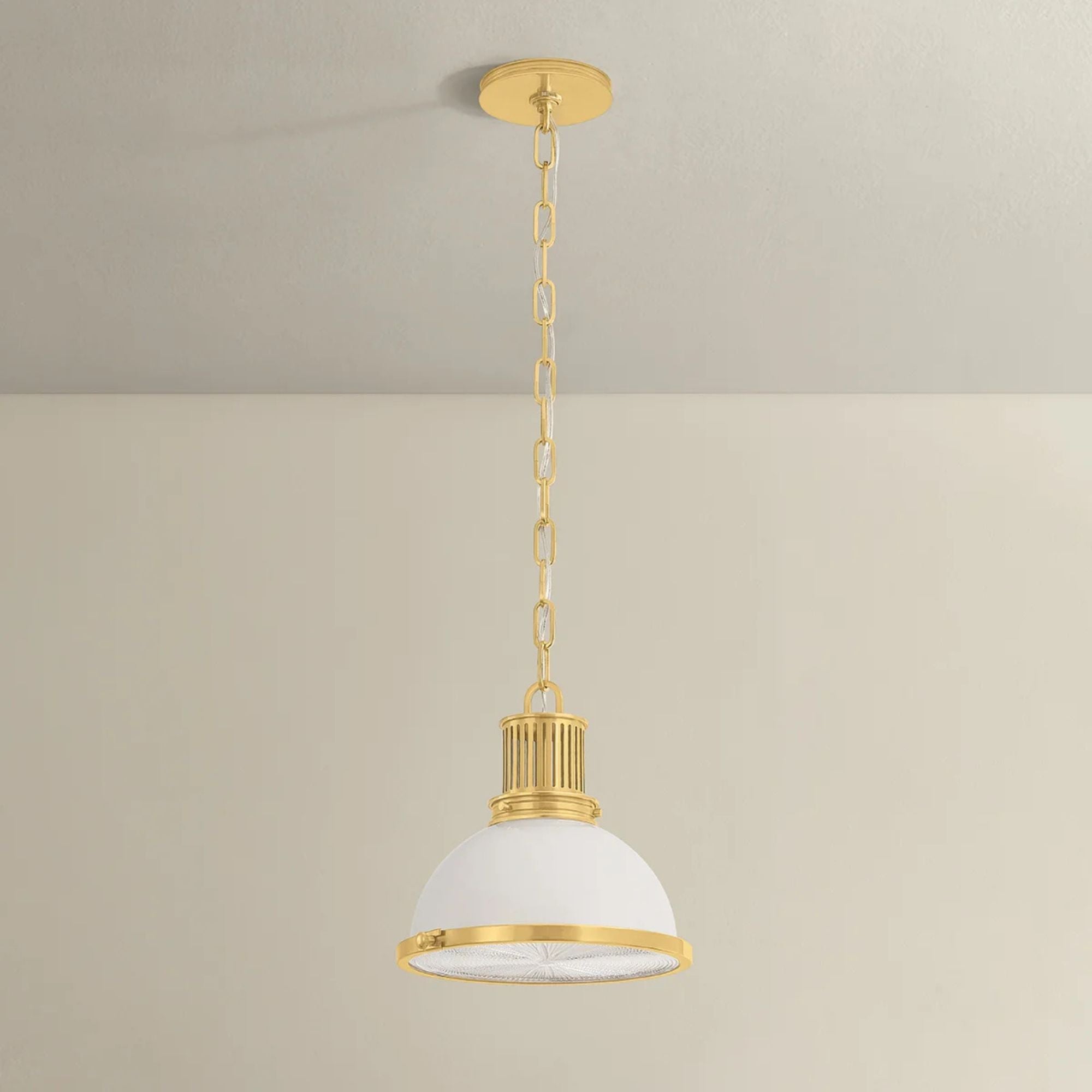 Hudson Valley Pinesbridge 10.5 in. Pendant Light, Aged Brass with Opal Glossy & Holophane Glass