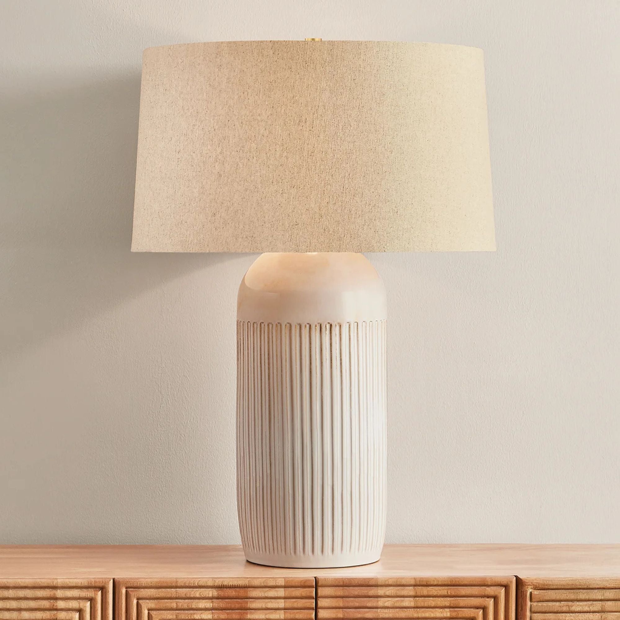 Hudson Valley Stevens Point 30 in. Table Lamp, Aged Brass with Ceramic Oyster White & Sandstone Linen Shade