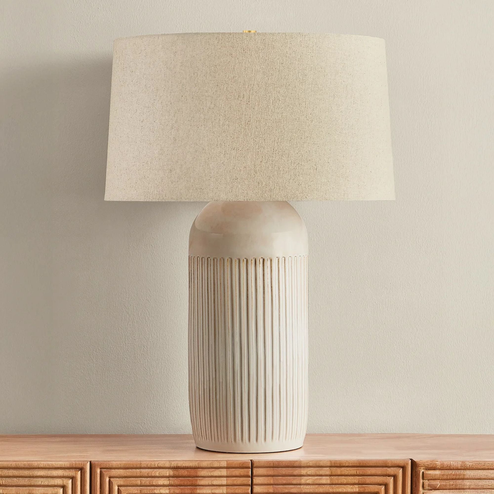 Hudson Valley Stevens Point 30 in. Table Lamp, Aged Brass with Ceramic Oyster White & Sandstone Linen Shade