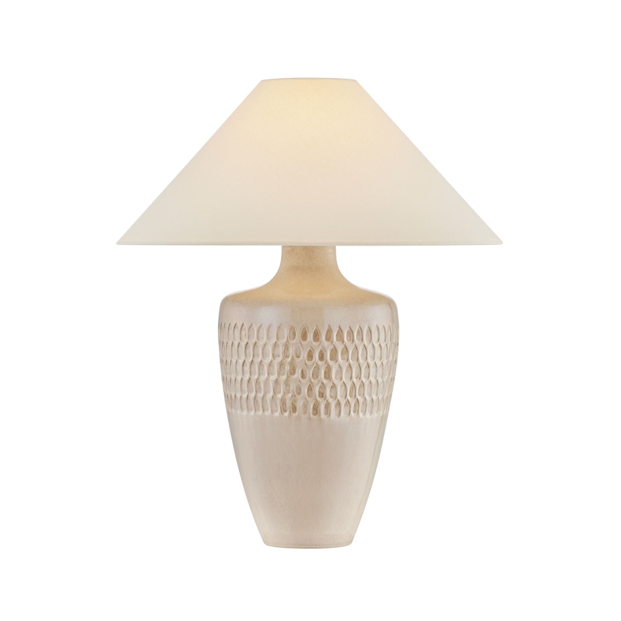 Hudson Valley Valleydale Table Lamp, Aged Brass with Ceramic Reactive Manchado & Off White Linen Shade
