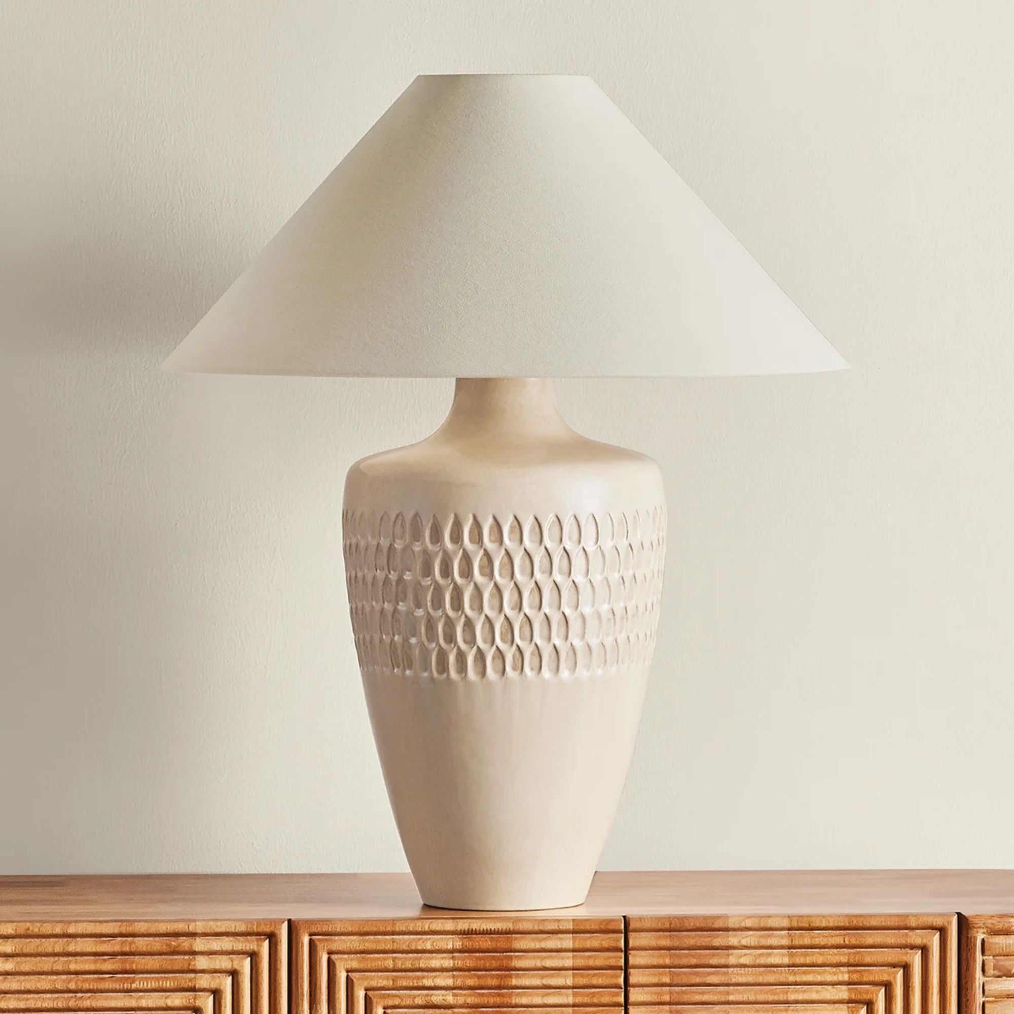 Hudson Valley Valleydale Table Lamp, Aged Brass with Ceramic Reactive Manchado & Off White Linen Shade