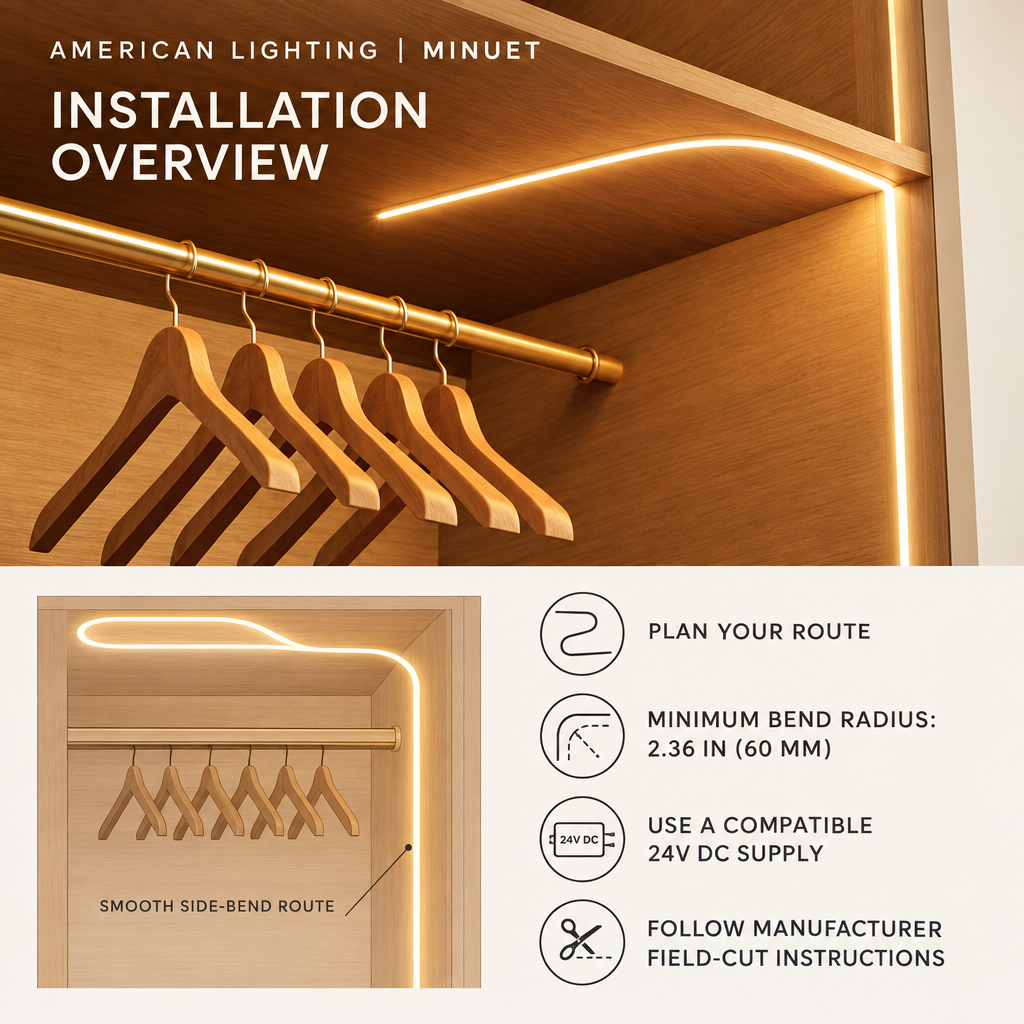 American Lighting Minuet 4x6 side-bend installation overview with route planning, minimum bend radius, compatible 24V DC supply, and field-cut instructions.