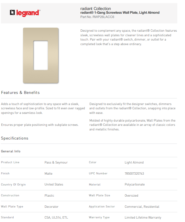 Legrand radiant® 1-Gang Screwless Wall Plate – Light Almond (RWP26LA)