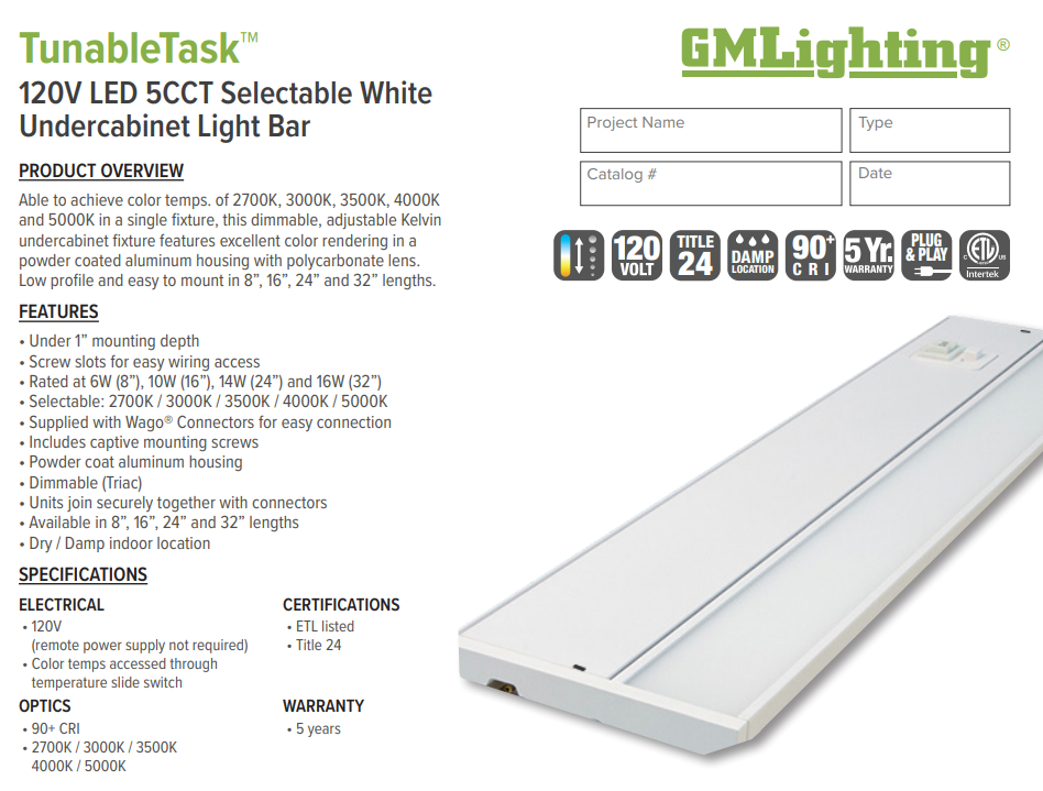 TunableTask™ 120V LED 5CCT Selectable White Undercabinet Light Bar - 16 Inch, White