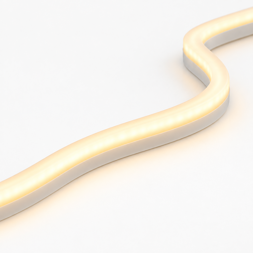 Close-up of American Lighting Minuet 4x6 side-bend LED neon glowing in 2700K warm white along a gentle flexible curve.