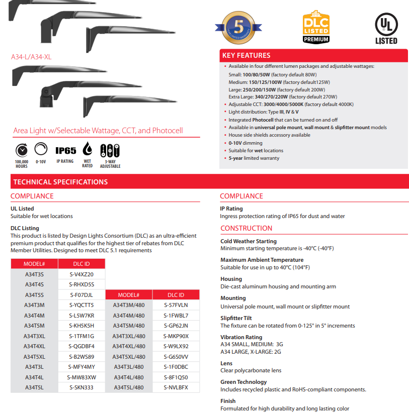 LED Pole Light, 150W, 24500 Lumens, 30K/40K/50K, 120-277V, Type III