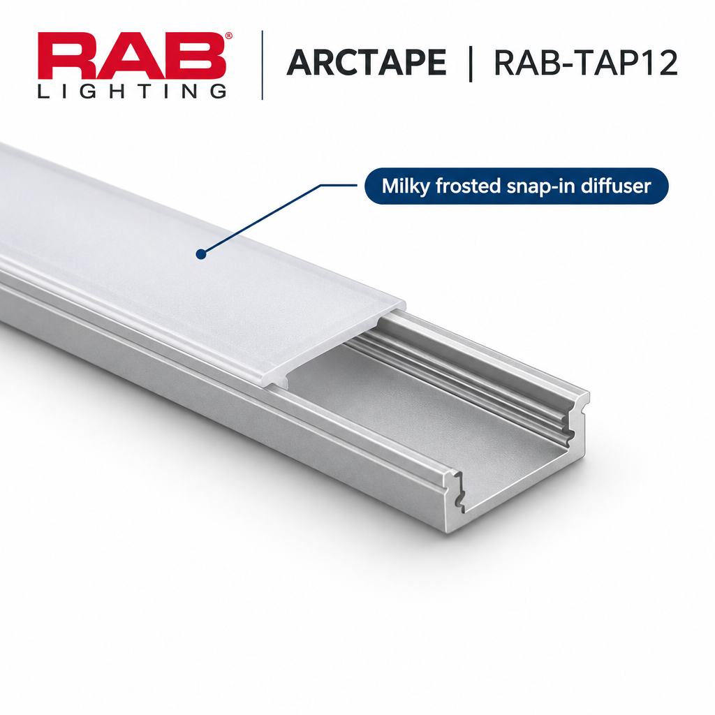RAB ARCTAPE TAP12 frosted snap-in diffuser and aluminum channel detail, generated illustration