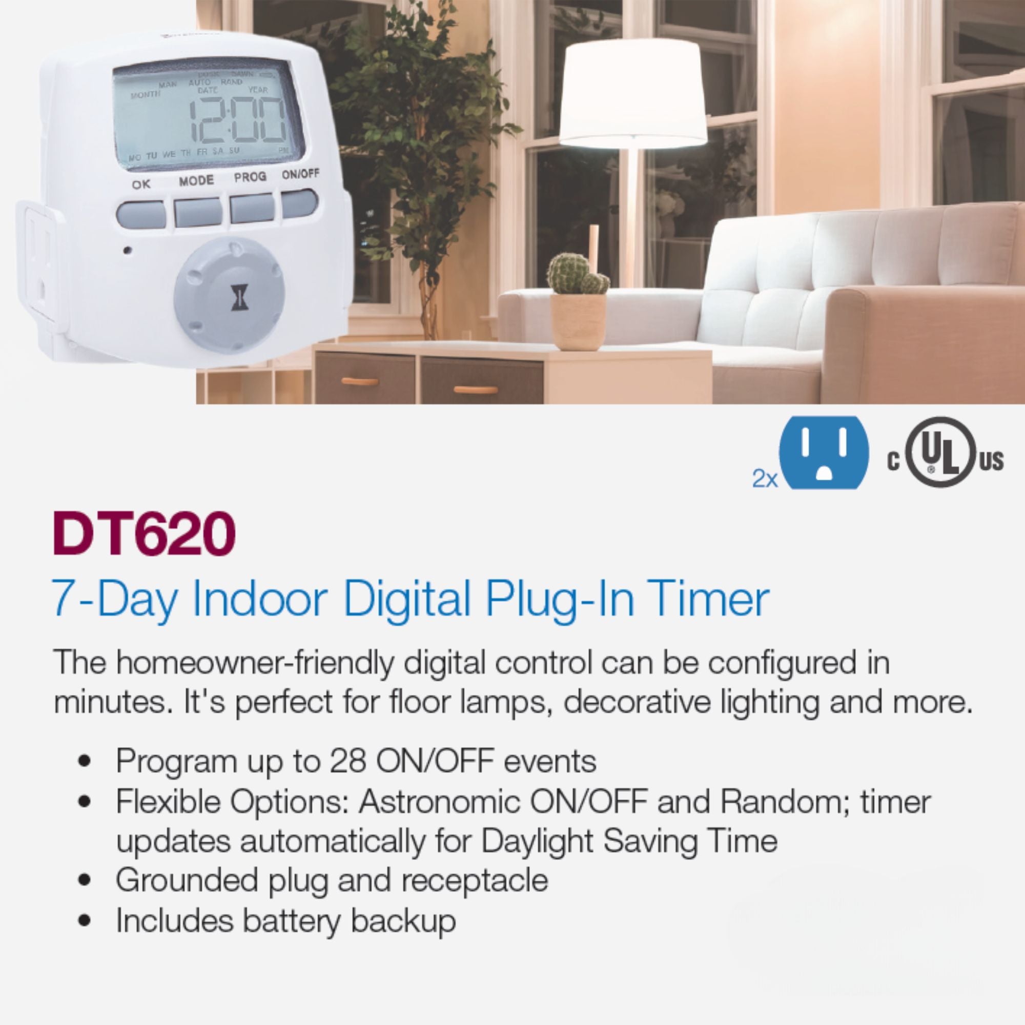 7-Day Indoor Digital Plug-In Timer Switch, White