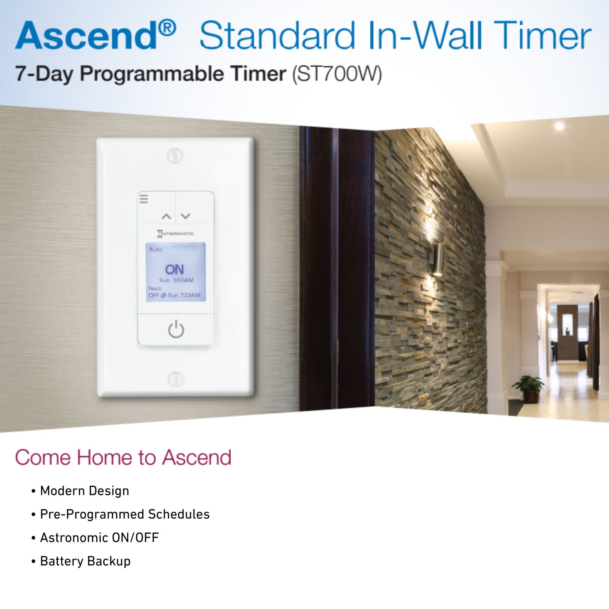 Ascend Standard 15 Amp 7-Day Programmable In-Wall Timer, 120V, White - Bees Lighting