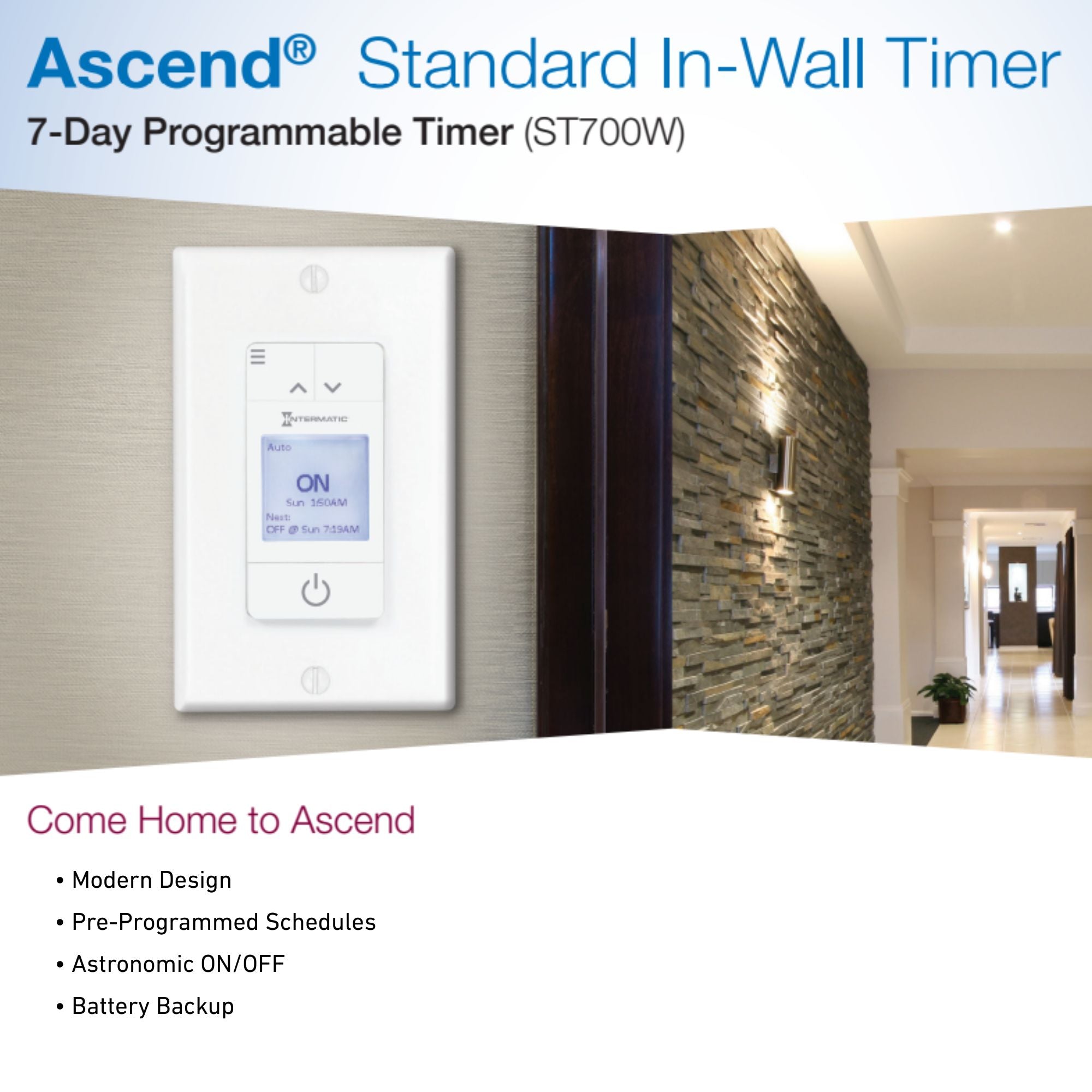 Ascend Standard 15 Amp 7-Day Programmable In-Wall Timer, 120V, White - Bees Lighting
