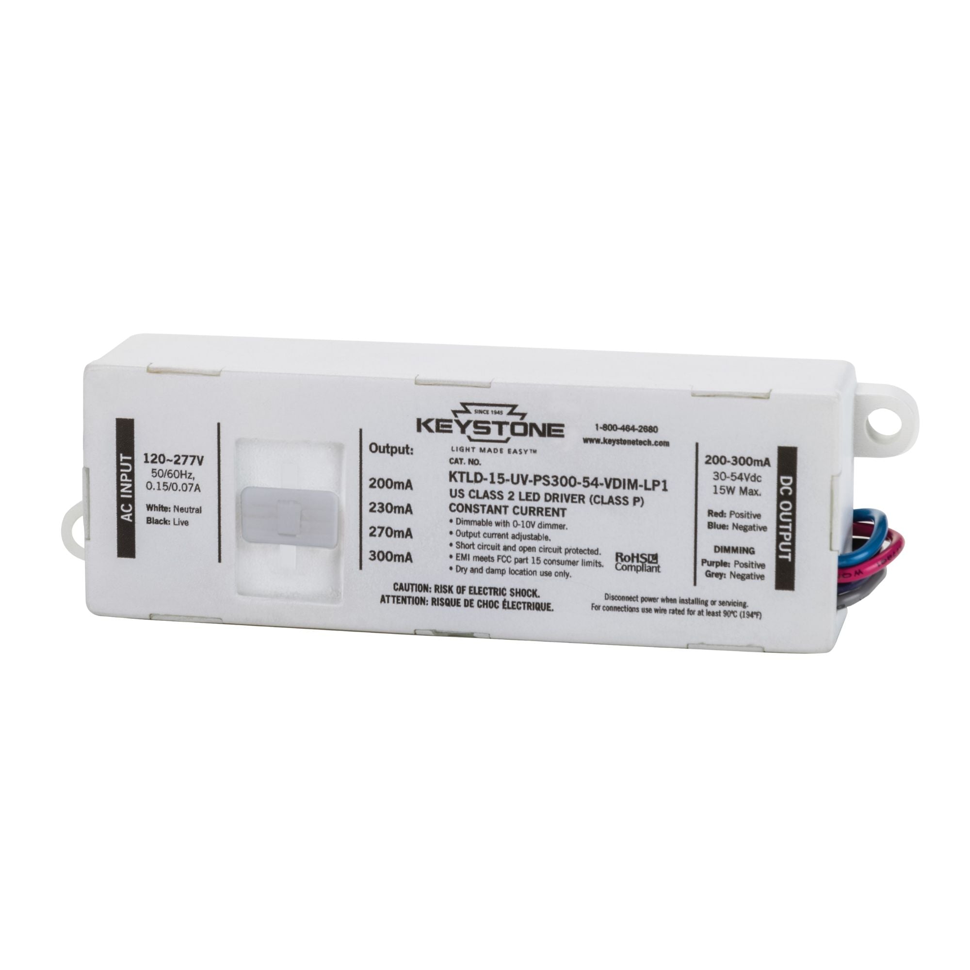 15 Watts LED Driver, Selectable Current 200-300mA, 0-10V Dimming, 120-277V