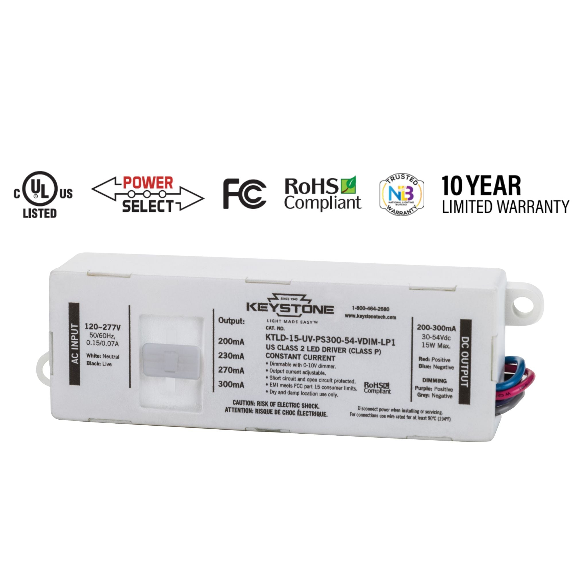 15 Watts LED Driver, Selectable Current 200-300mA, 0-10V Dimming, 120-277V