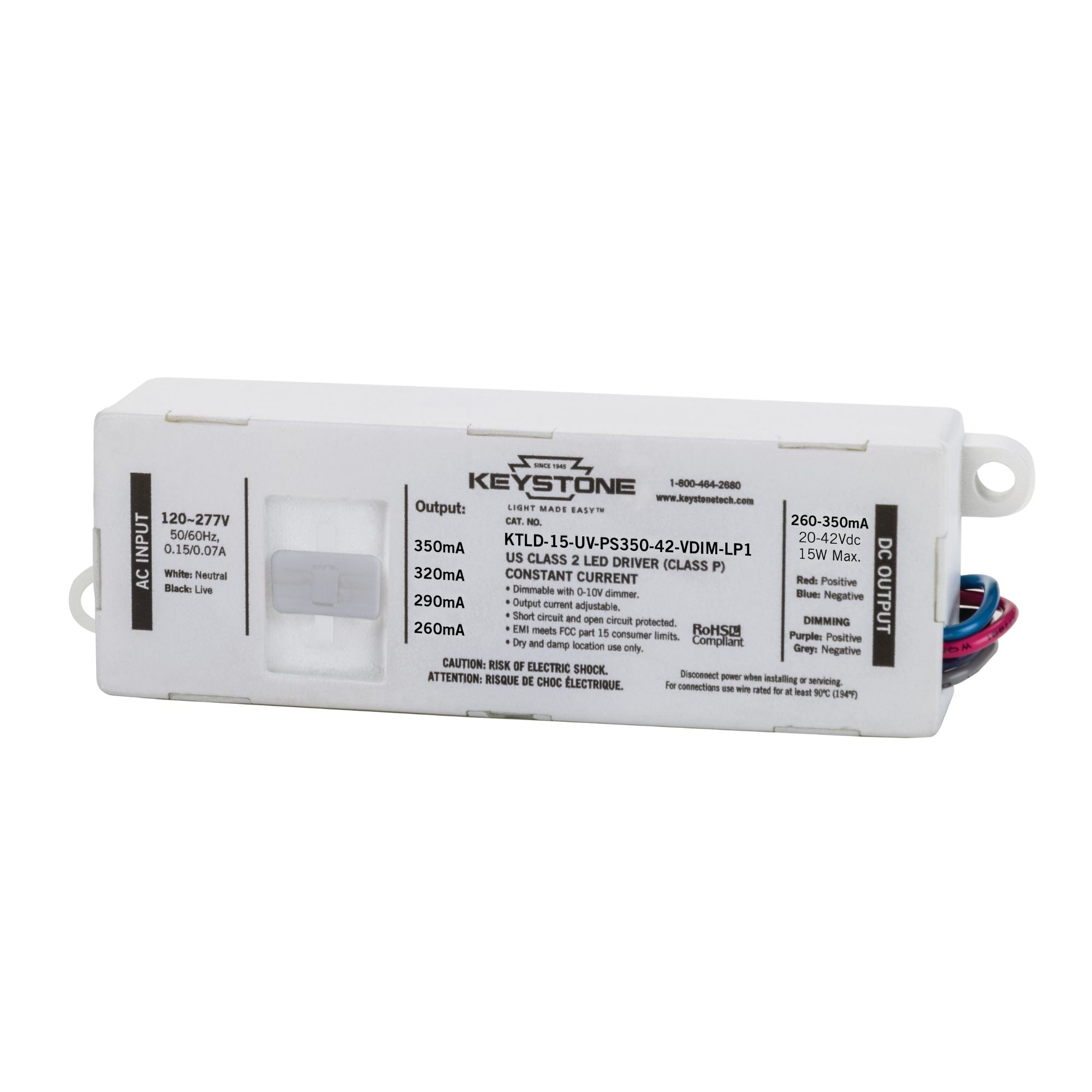 15 Watts LED Driver, Selectable Current 260-350mA, 0-10V Dimming, 120-277V