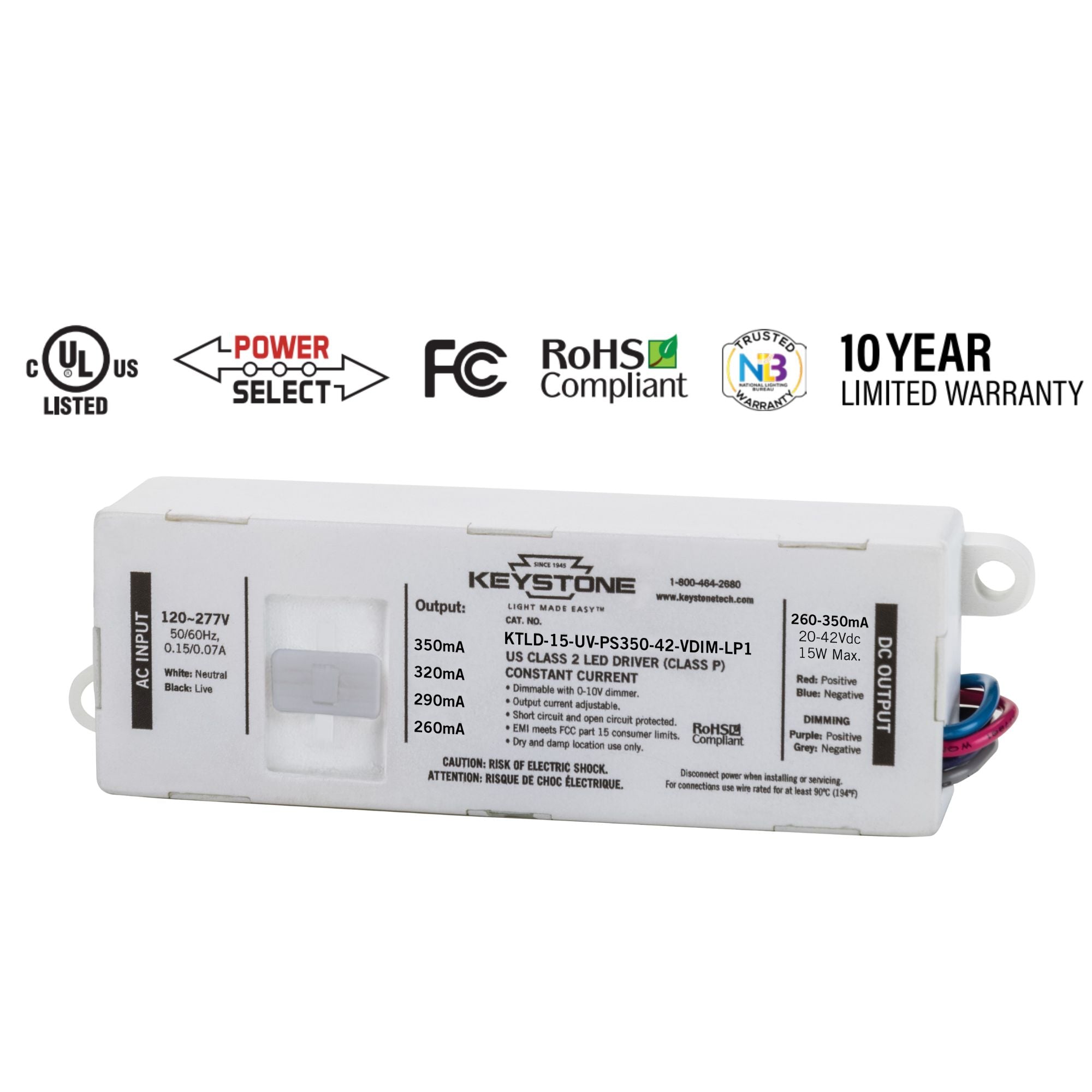 15 Watts LED Driver, Selectable Current 260-350mA, 0-10V Dimming, 120-277V