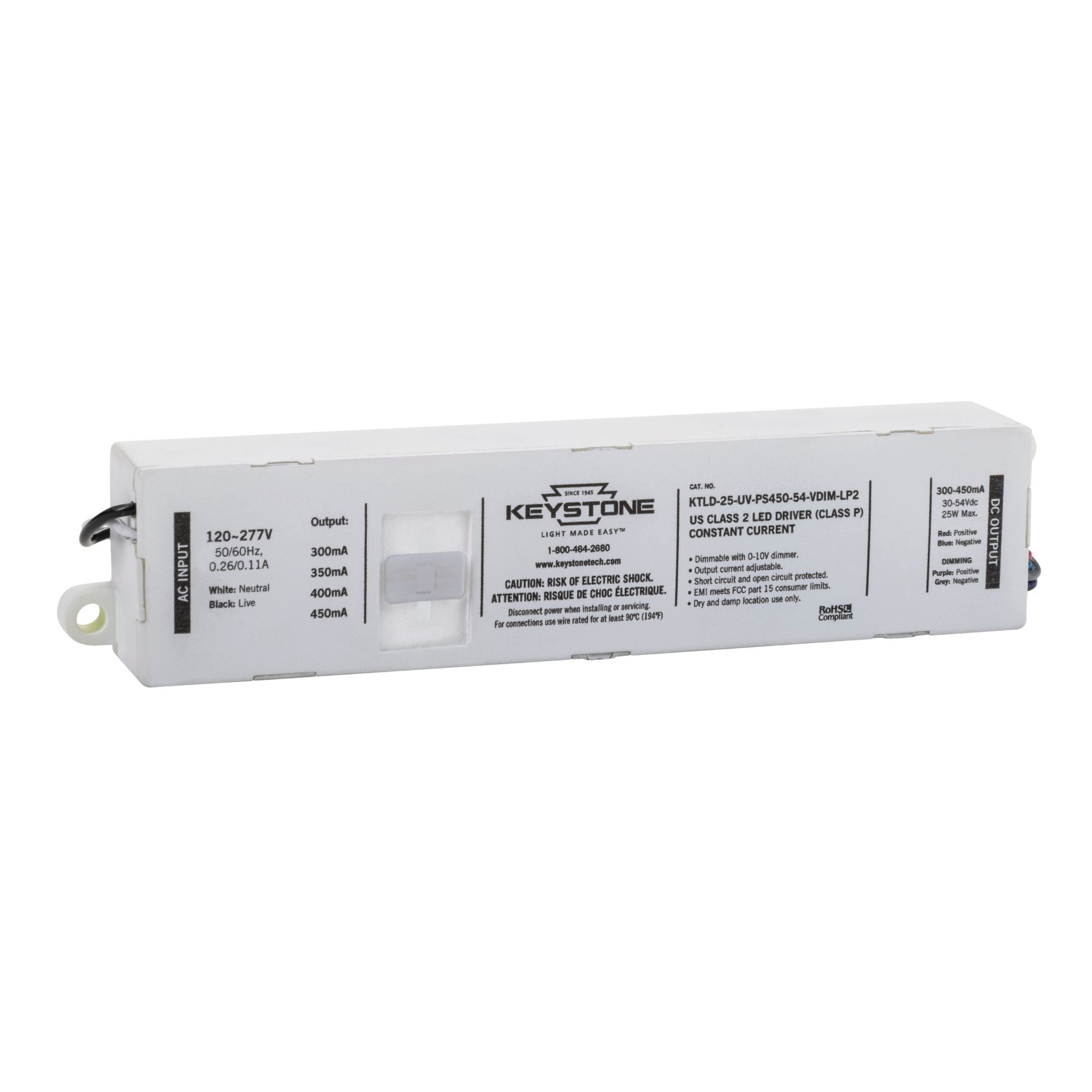 25 Watts LED Driver, Selectable Current 300-450mA, 0-10V Dimming, 120-277V