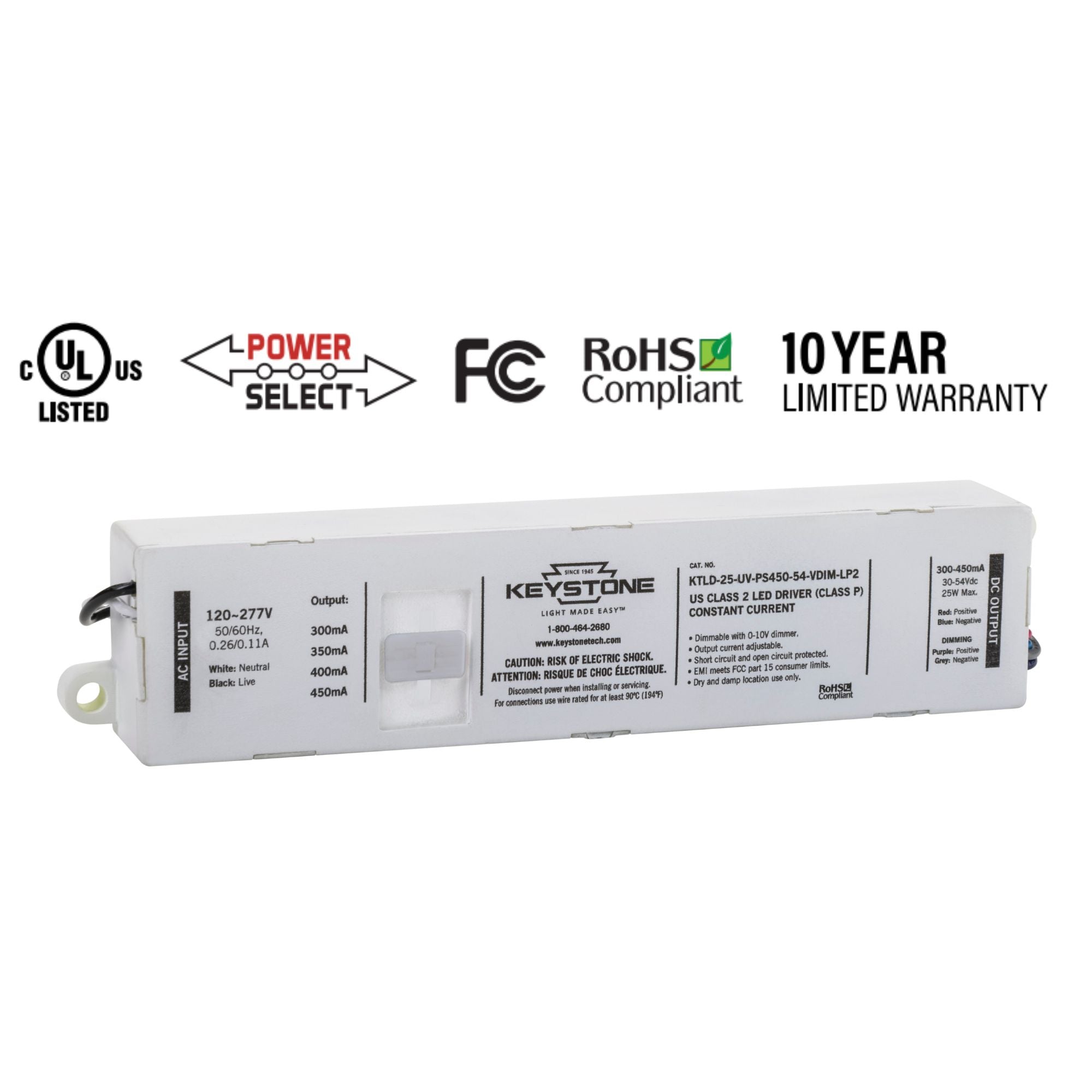 25 Watts LED Driver, Selectable Current 300-450mA, 0-10V Dimming, 120-277V
