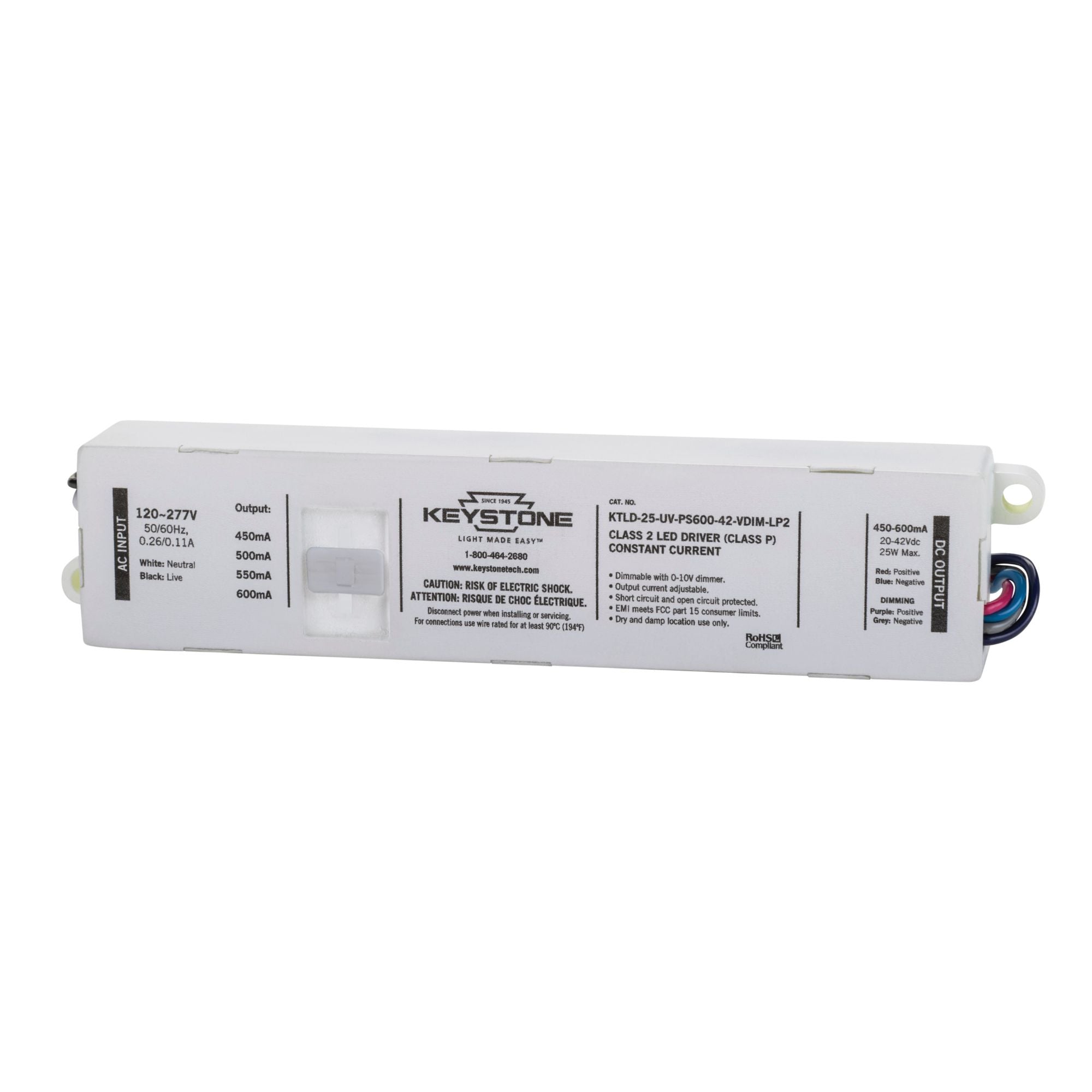 25 Watts LED Driver, Selectable Current 450-600mA, 0-10V Dimming, 120-277V