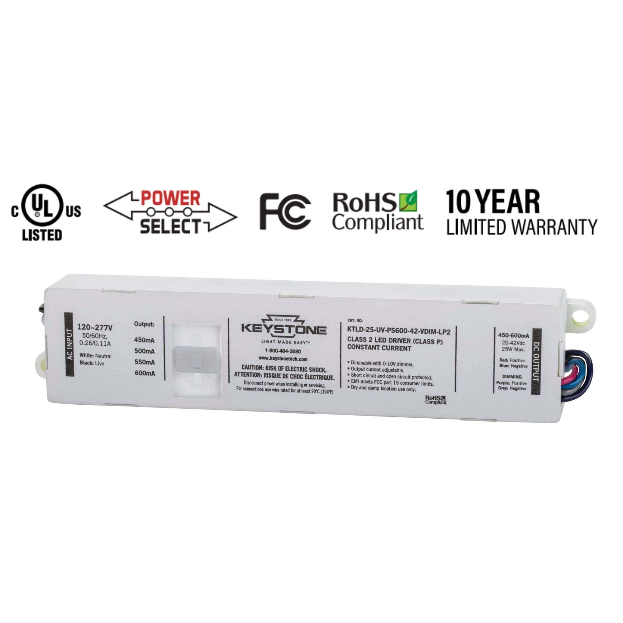 25 Watts LED Driver, Selectable Current 450-600mA, 0-10V Dimming, 120-277V