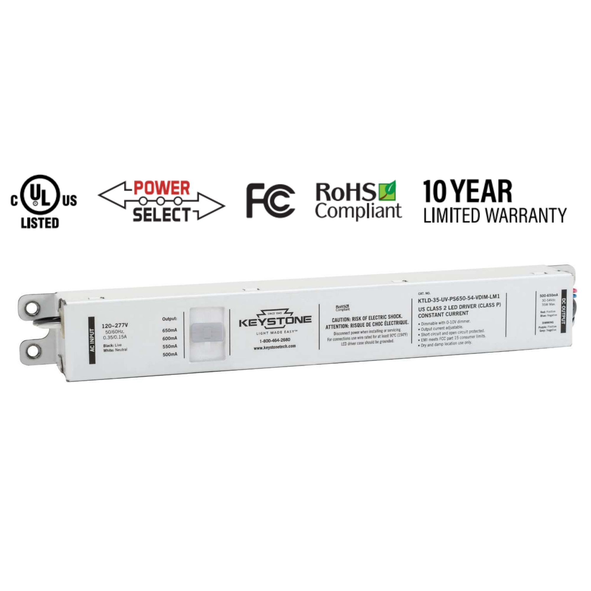 35 Watts LED Driver, Selectable Current 550-650mA, 0-10V Dimming, 120-277V