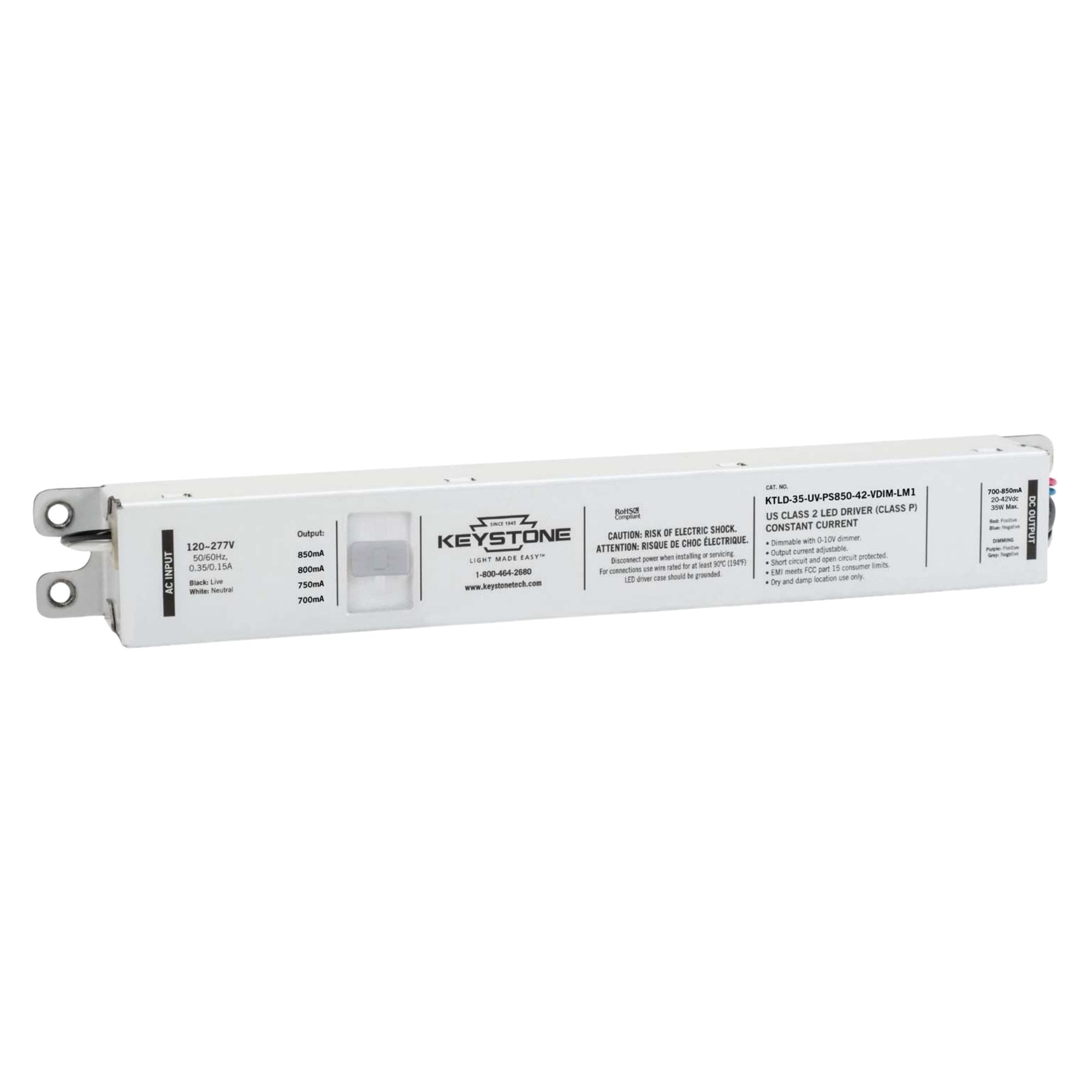 35 Watts LED Driver, Selectable Current 700-850mA, 0-10V Dimming, 120-277V