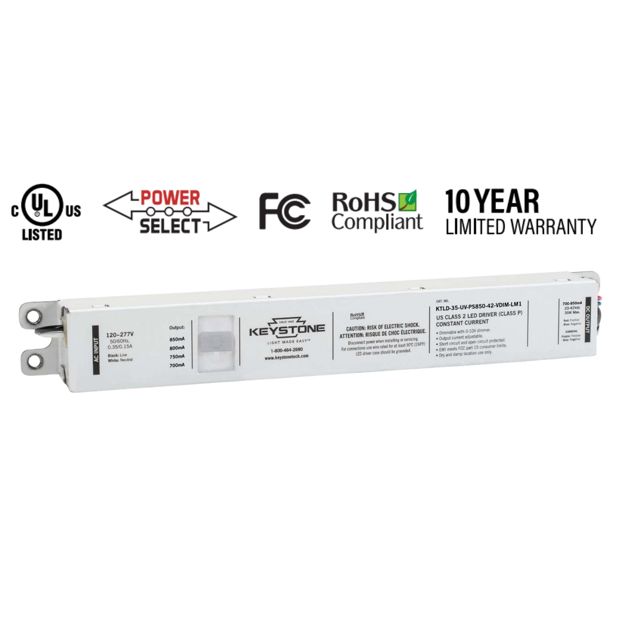 35 Watts LED Driver, Selectable Current 700-850mA, 0-10V Dimming, 120-277V